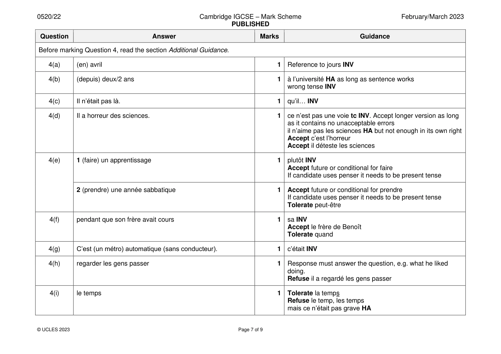 Mark scheme, page 7 of 9