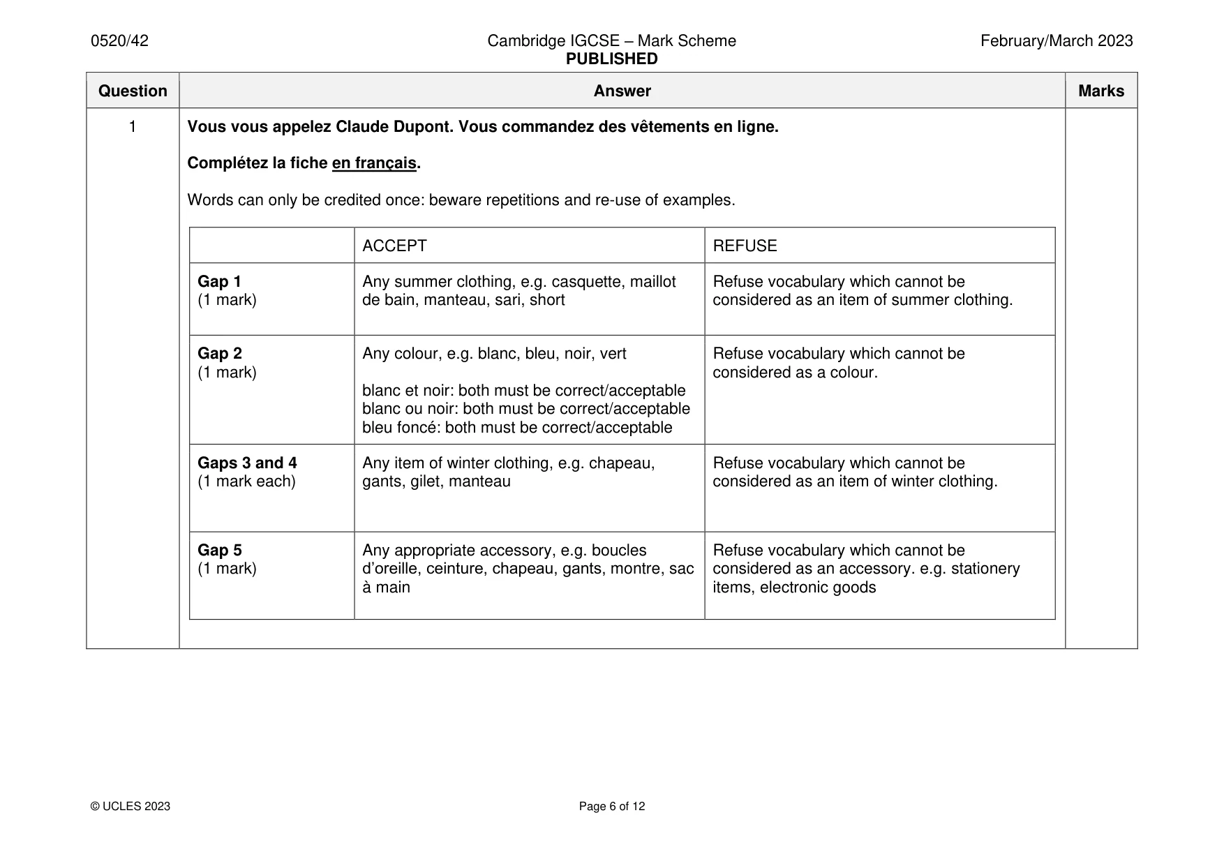 Mark scheme, page 6 of 12