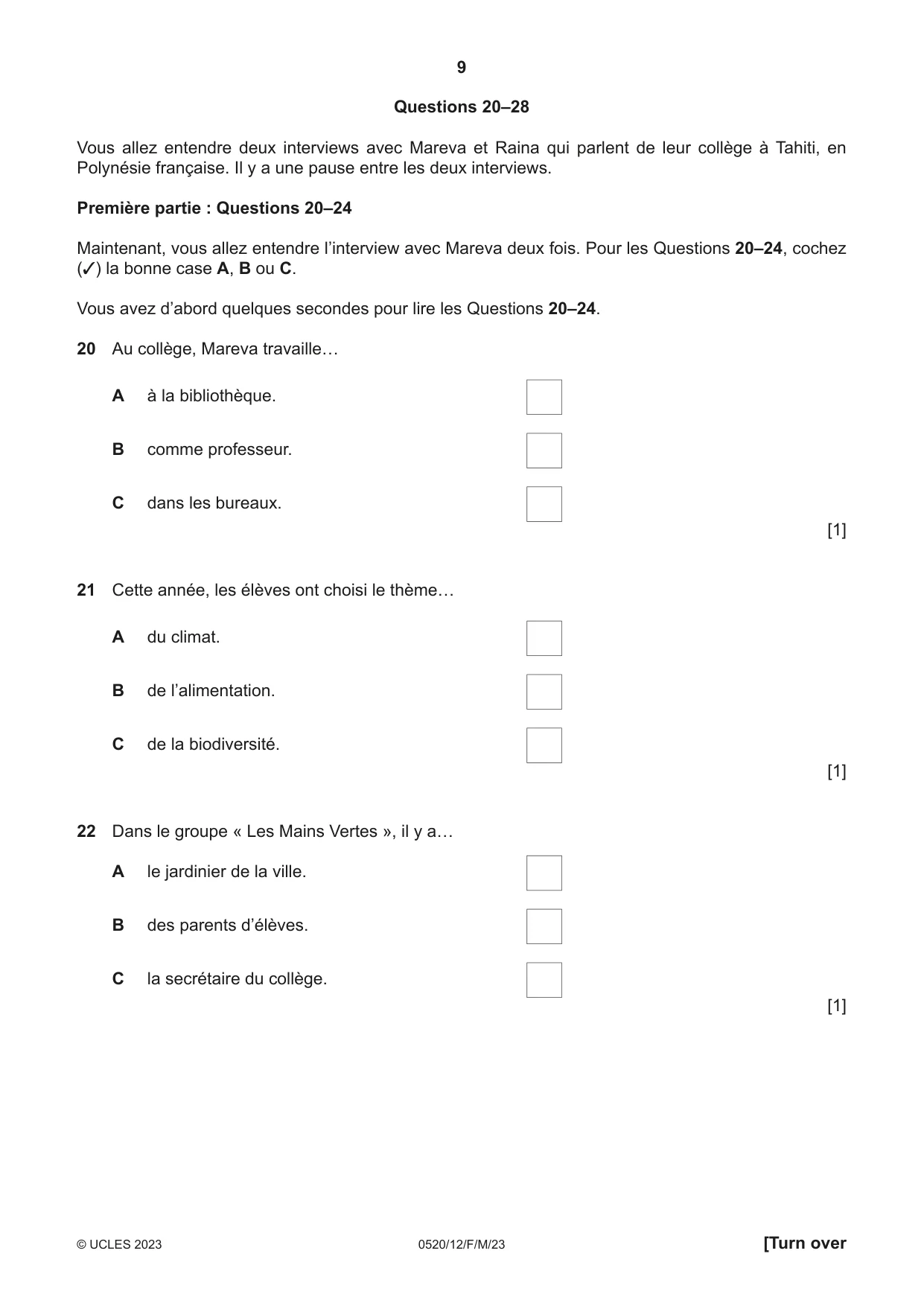 Cambridge IGCSE French - Foreign Language 0520 2023 Feb/March Paper 1 · Variant 2 question paper, page 9 of 16