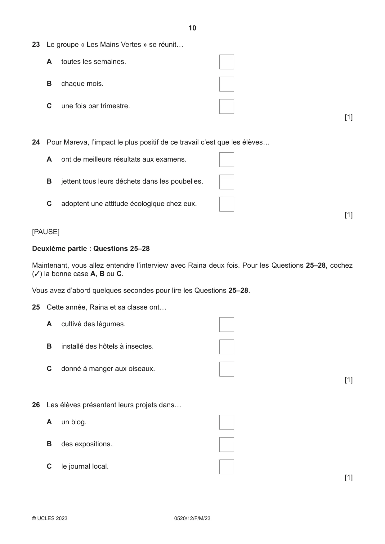 Cambridge IGCSE French - Foreign Language 0520 2023 Feb/March Paper 1 · Variant 2 question paper, page 10 of 16