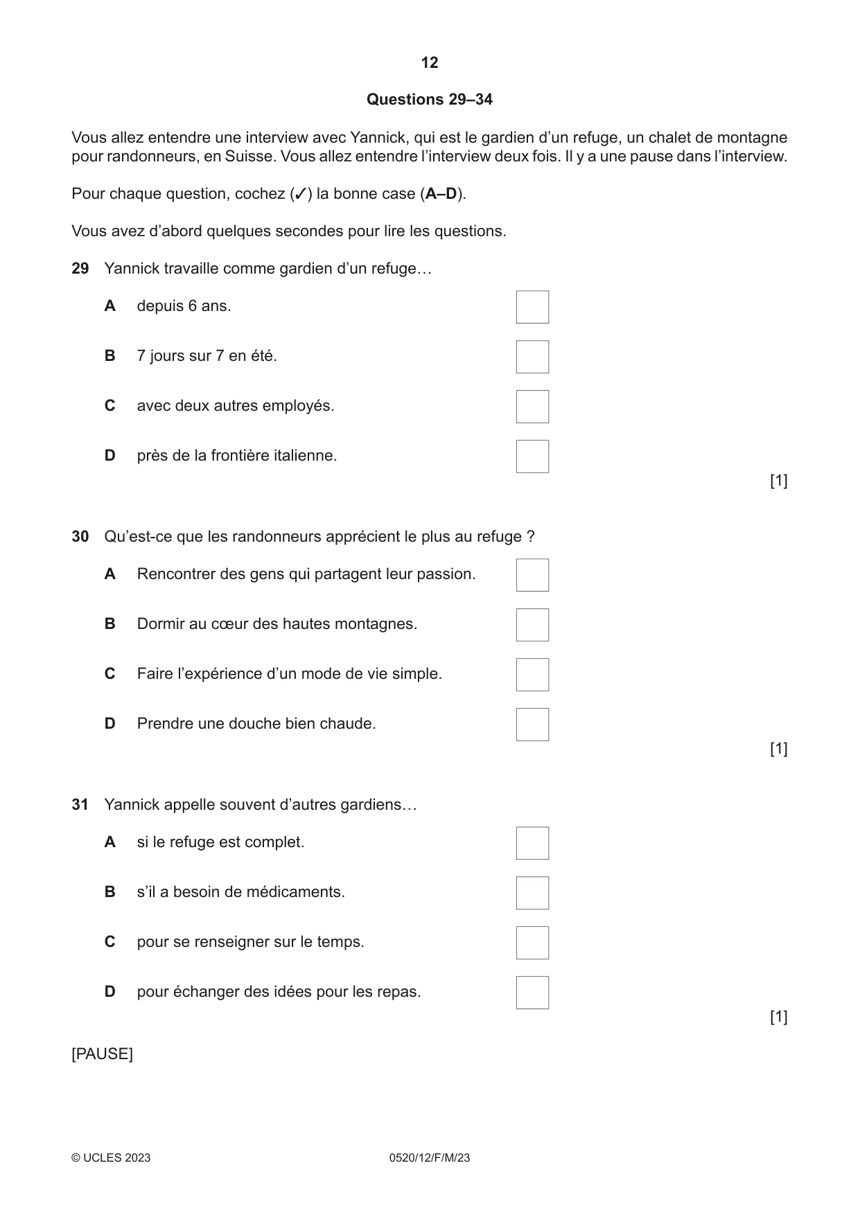 Cambridge IGCSE French - Foreign Language 0520 2023 Feb/March Paper 1 · Variant 2 question paper, page 12 of 16
