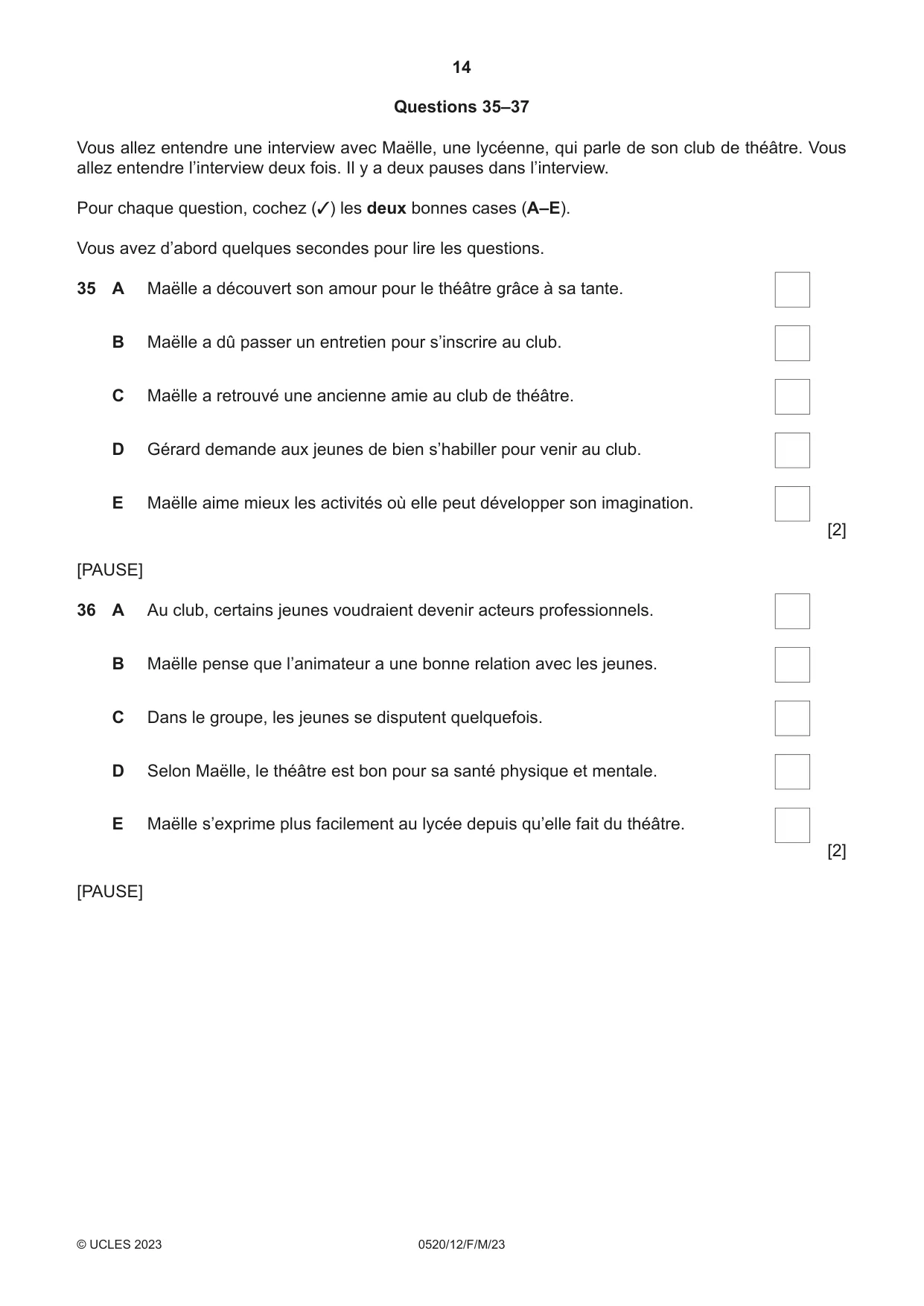 Cambridge IGCSE French - Foreign Language 0520 2023 Feb/March Paper 1 · Variant 2 question paper, page 14 of 16