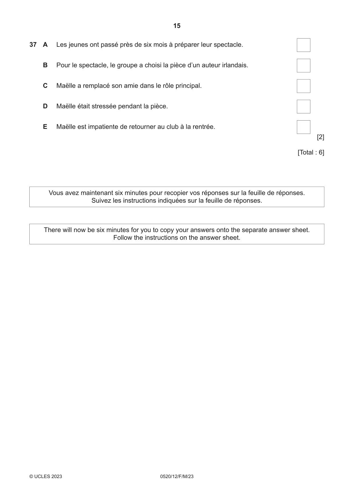 Cambridge IGCSE French - Foreign Language 0520 2023 Feb/March Paper 1 · Variant 2 question paper, page 15 of 16