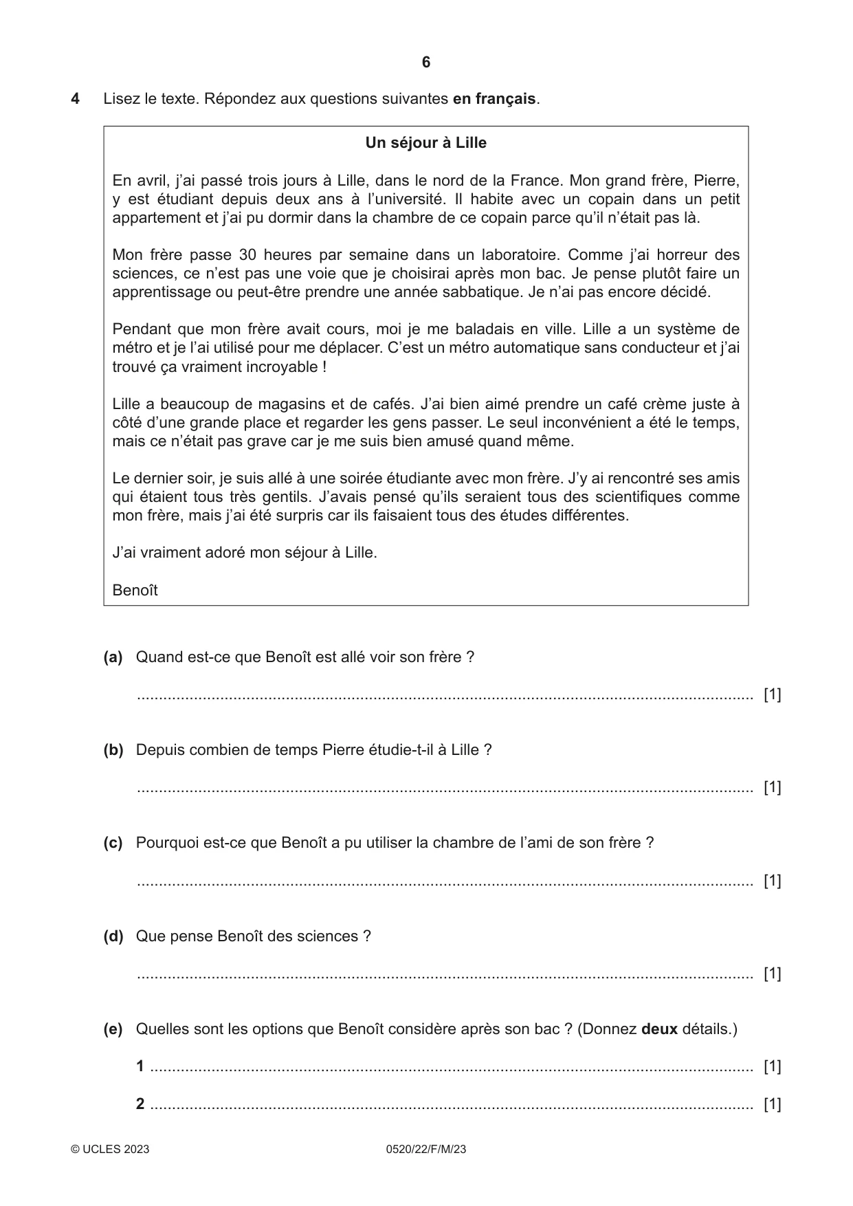 Cambridge IGCSE French - Foreign Language 0520 2023 Feb/March Paper 2 · Variant 2 question paper, page 6 of 12