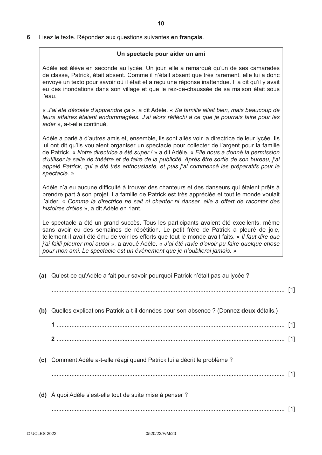 Cambridge IGCSE French - Foreign Language 0520 2023 Feb/March Paper 2 · Variant 2 question paper, page 10 of 12