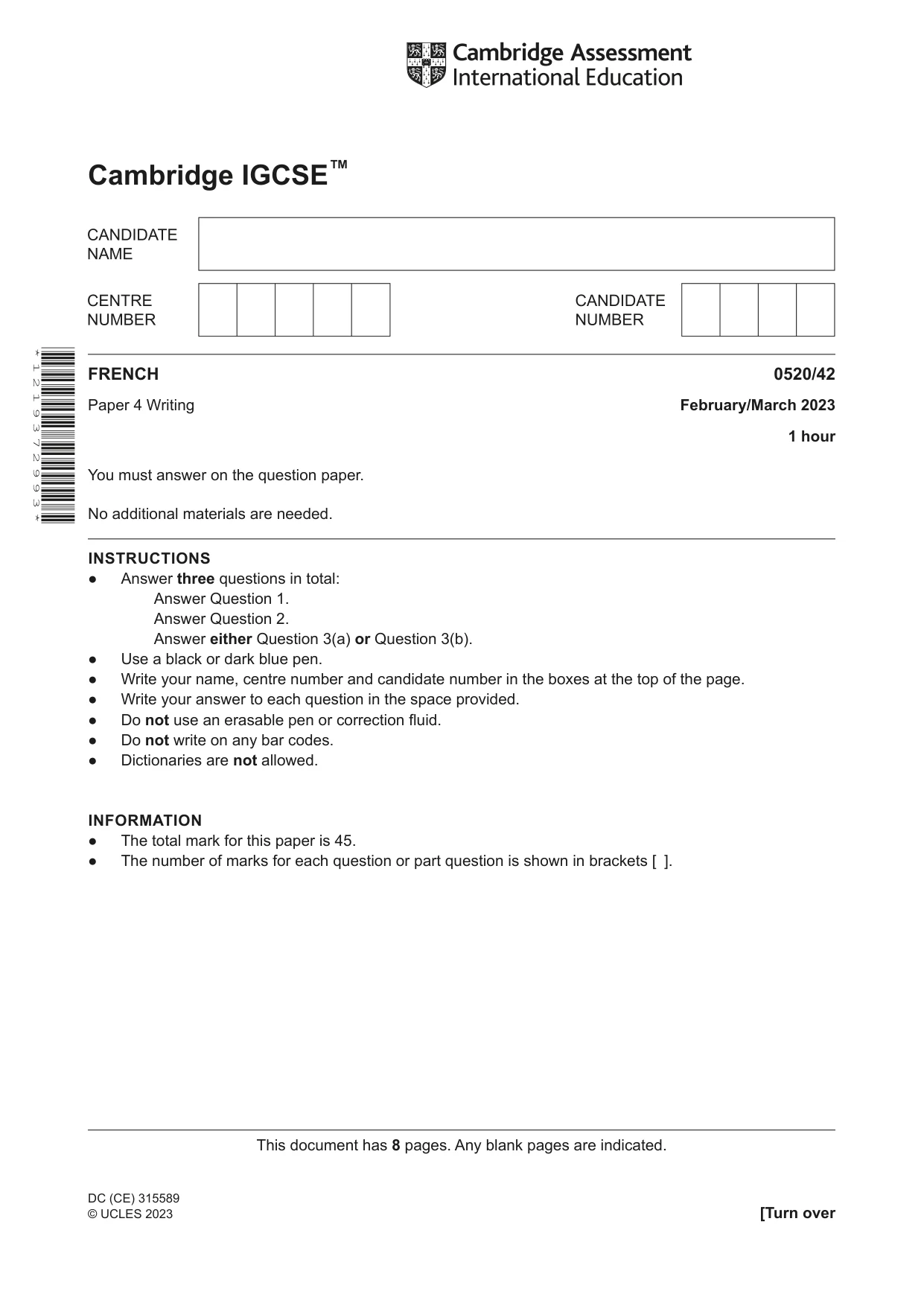 Cambridge IGCSE French - Foreign Language 0520 2023 Feb/March Paper 4 · Variant 2 question paper, page 1 of 8