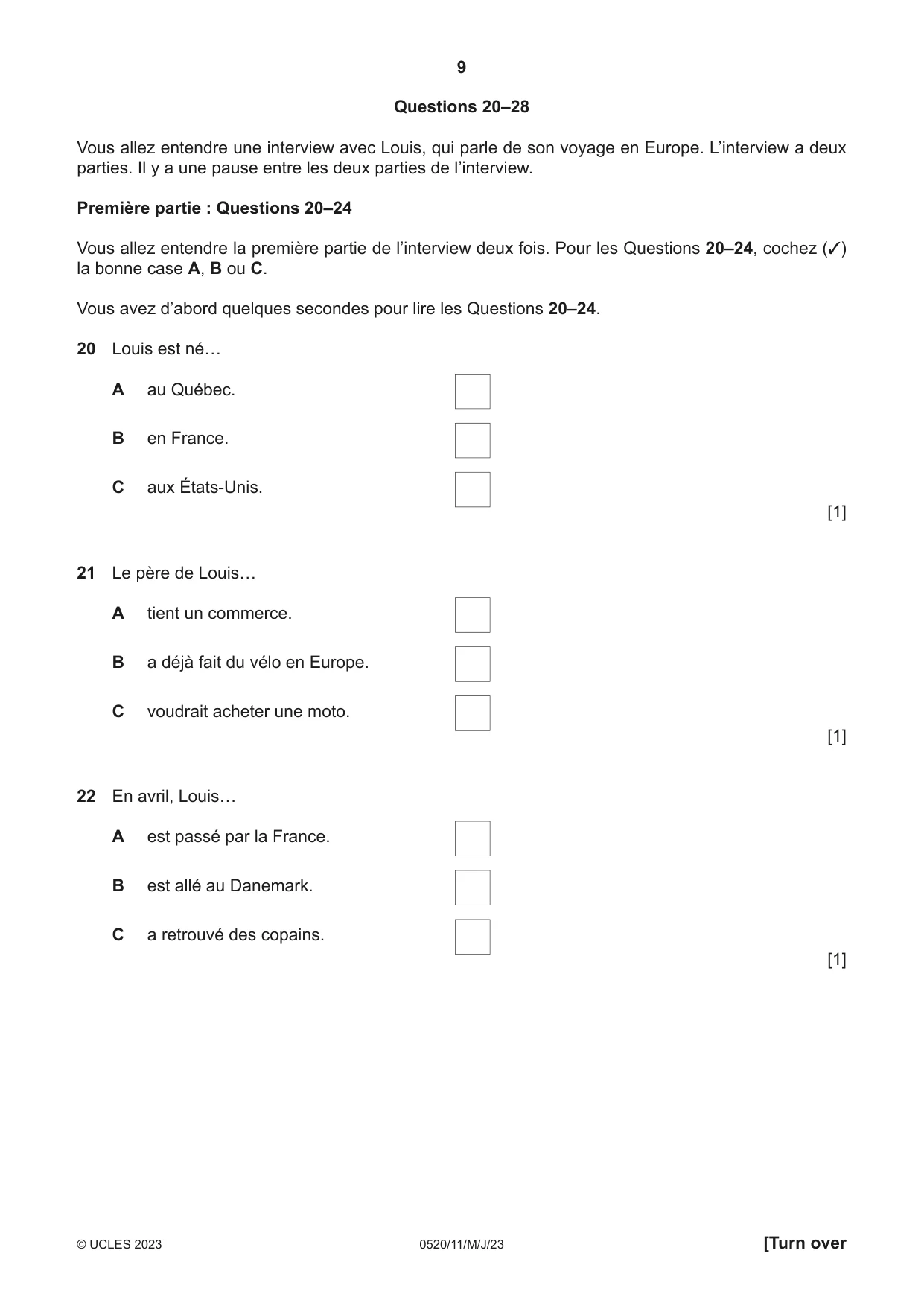 Cambridge IGCSE French - Foreign Language 0520 2023 May/June Paper 1 · Variant 1 question paper, page 9 of 16