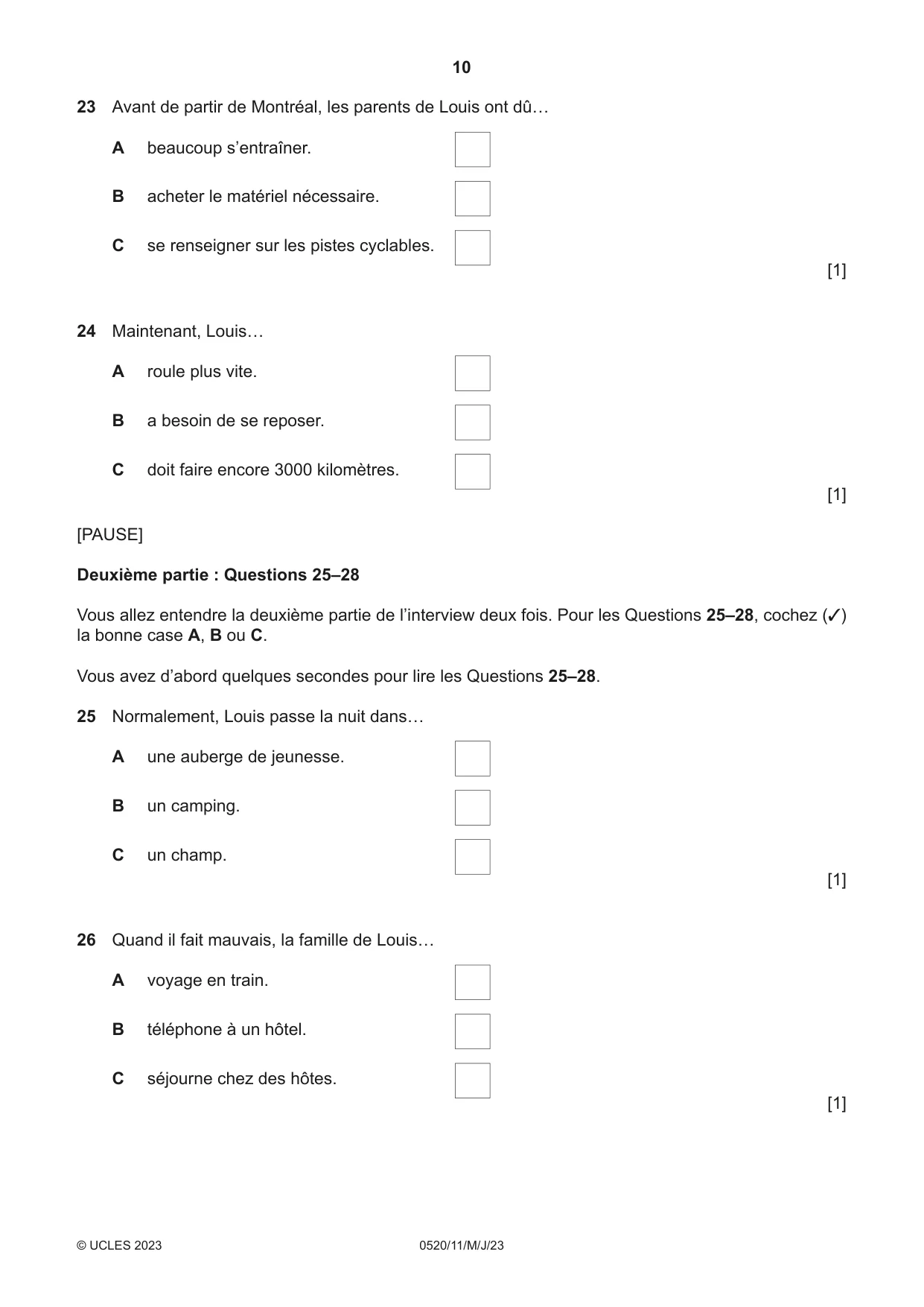 Cambridge IGCSE French - Foreign Language 0520 2023 May/June Paper 1 · Variant 1 question paper, page 10 of 16