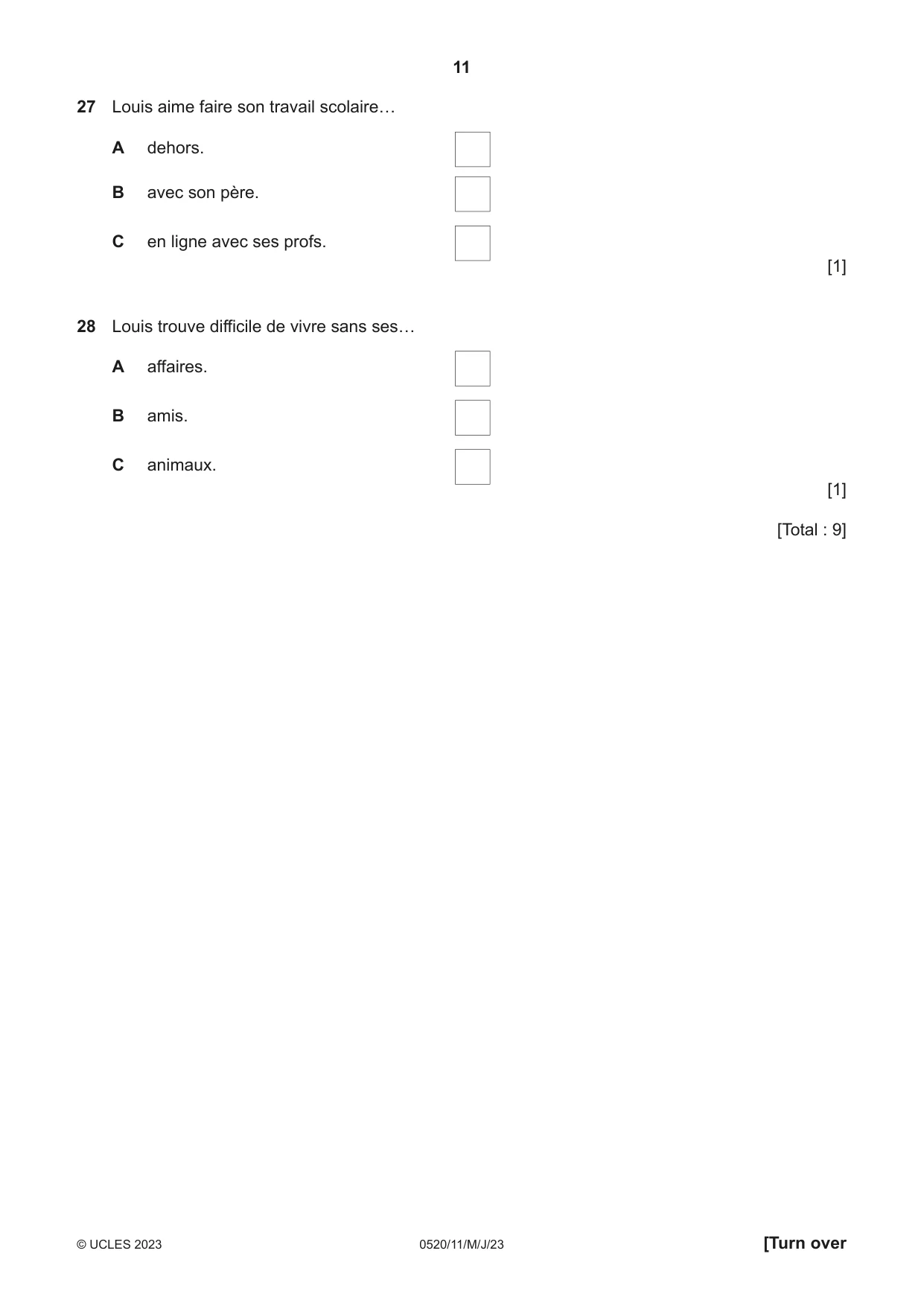 Cambridge IGCSE French - Foreign Language 0520 2023 May/June Paper 1 · Variant 1 question paper, page 11 of 16