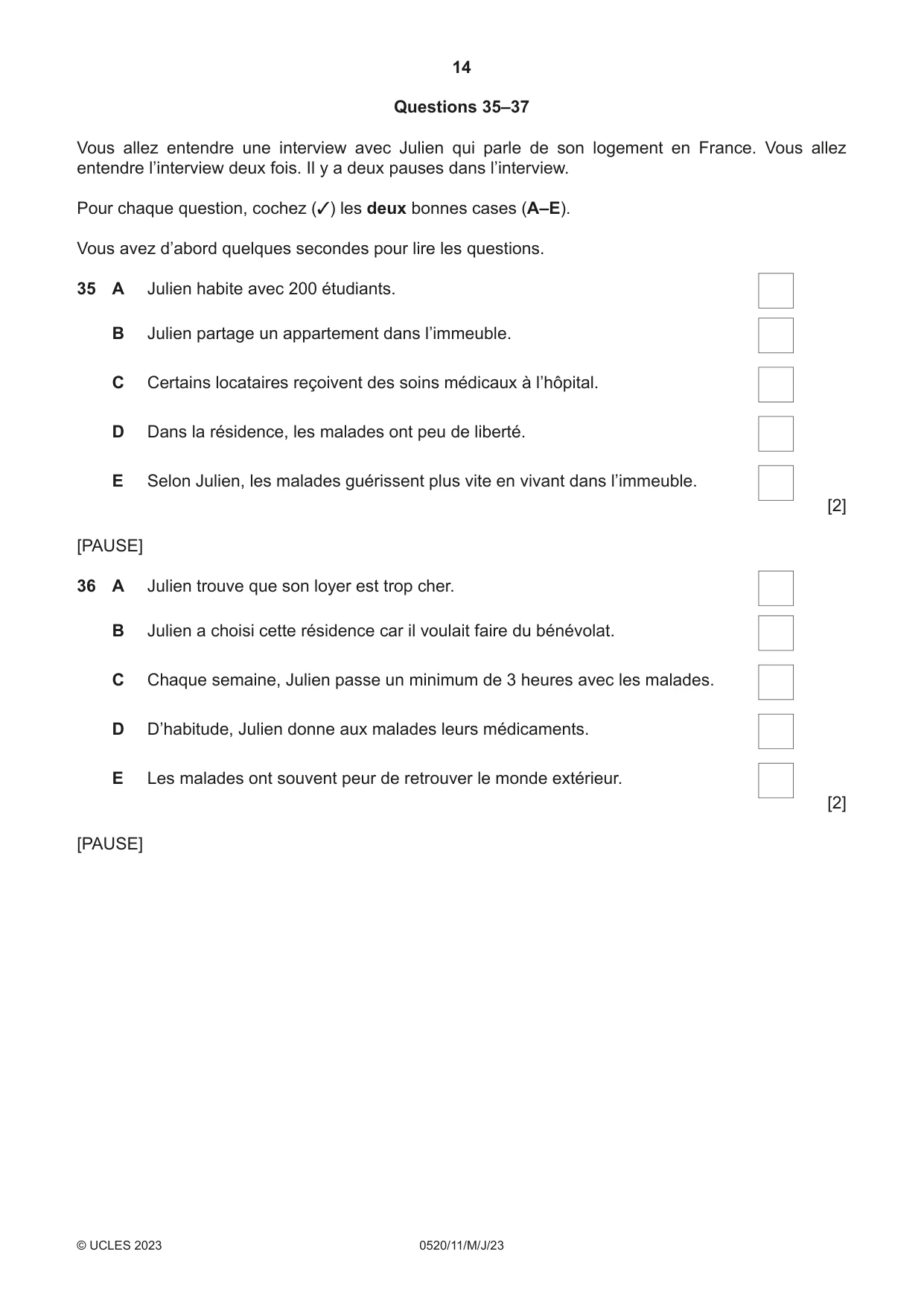 Cambridge IGCSE French - Foreign Language 0520 2023 May/June Paper 1 · Variant 1 question paper, page 14 of 16