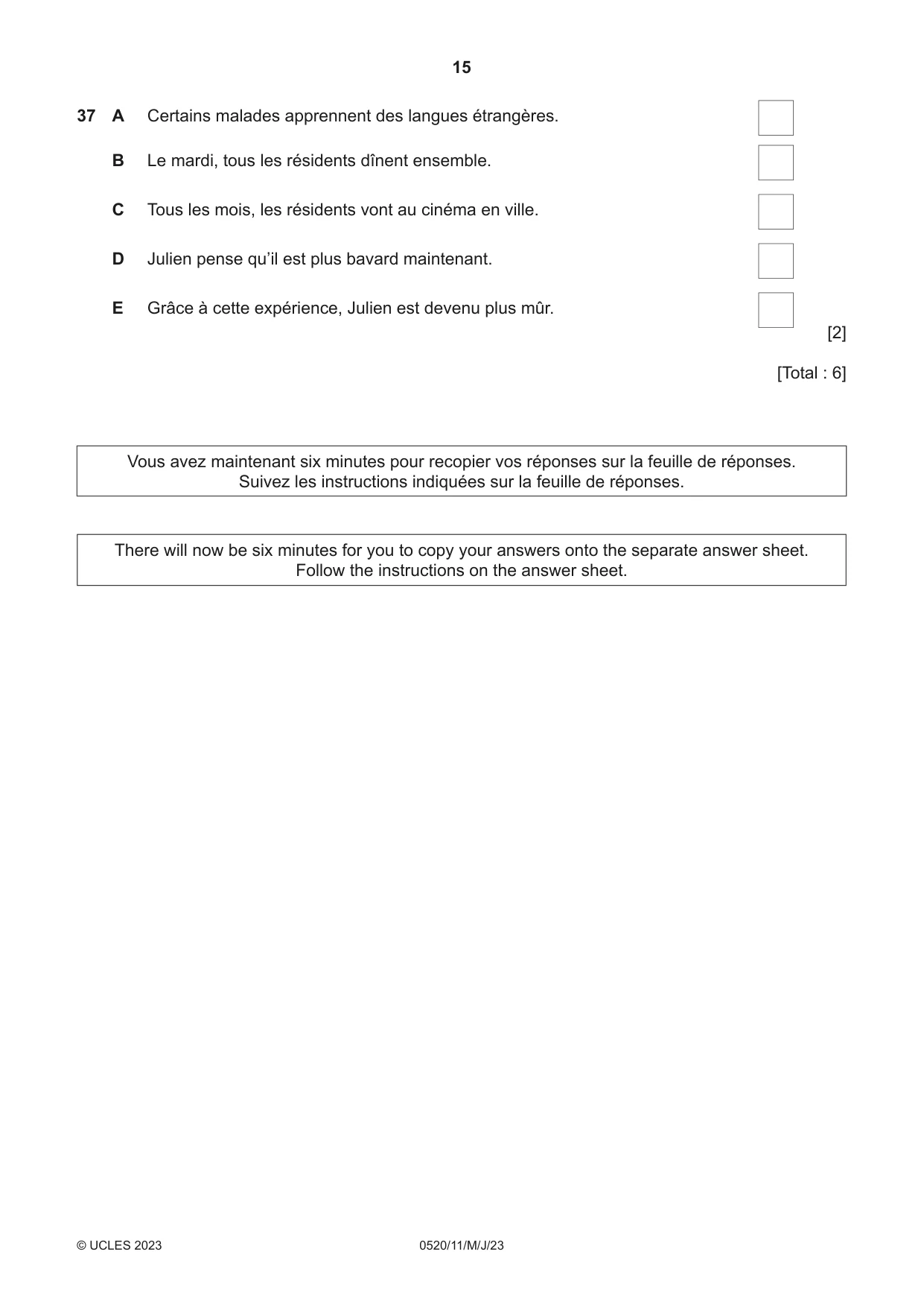 Cambridge IGCSE French - Foreign Language 0520 2023 May/June Paper 1 · Variant 1 question paper, page 15 of 16