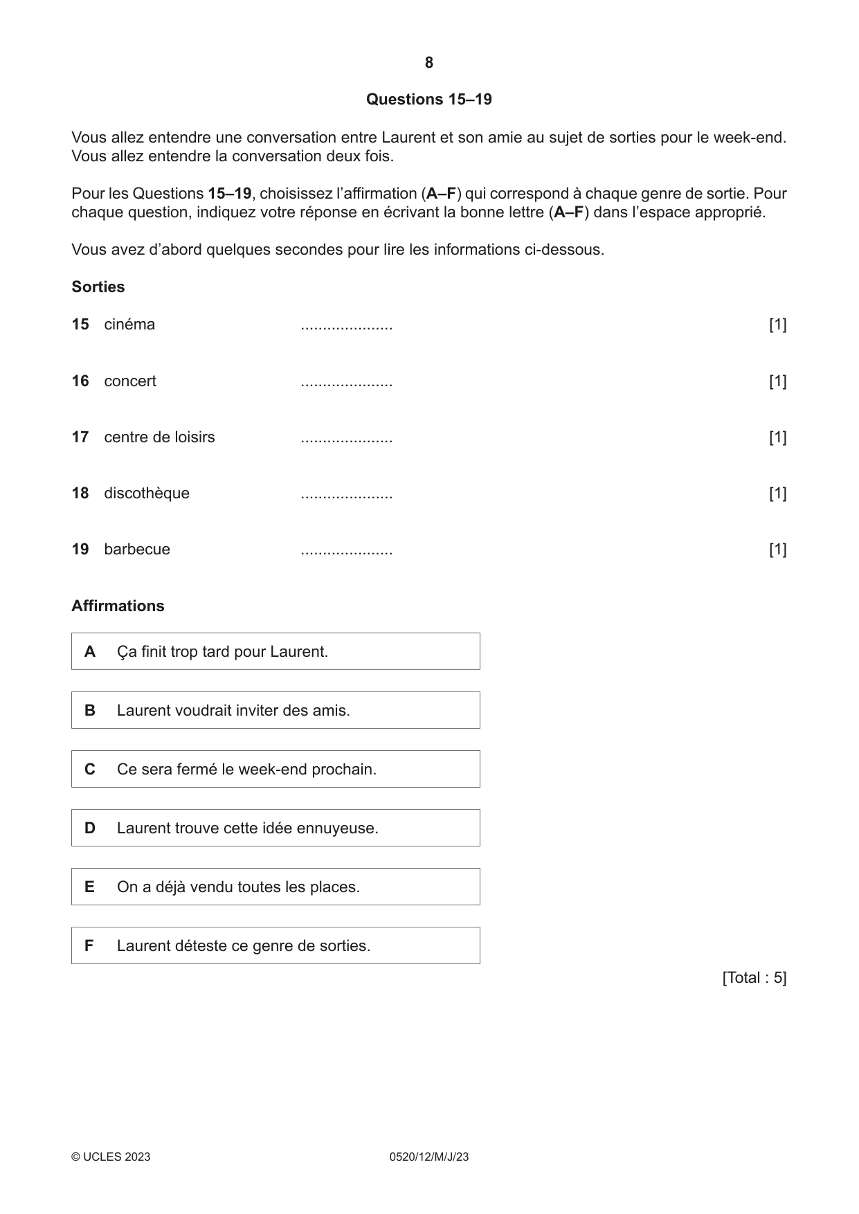 Cambridge IGCSE French - Foreign Language 0520 2023 May/June Paper 1 · Variant 2 question paper, page 8 of 16