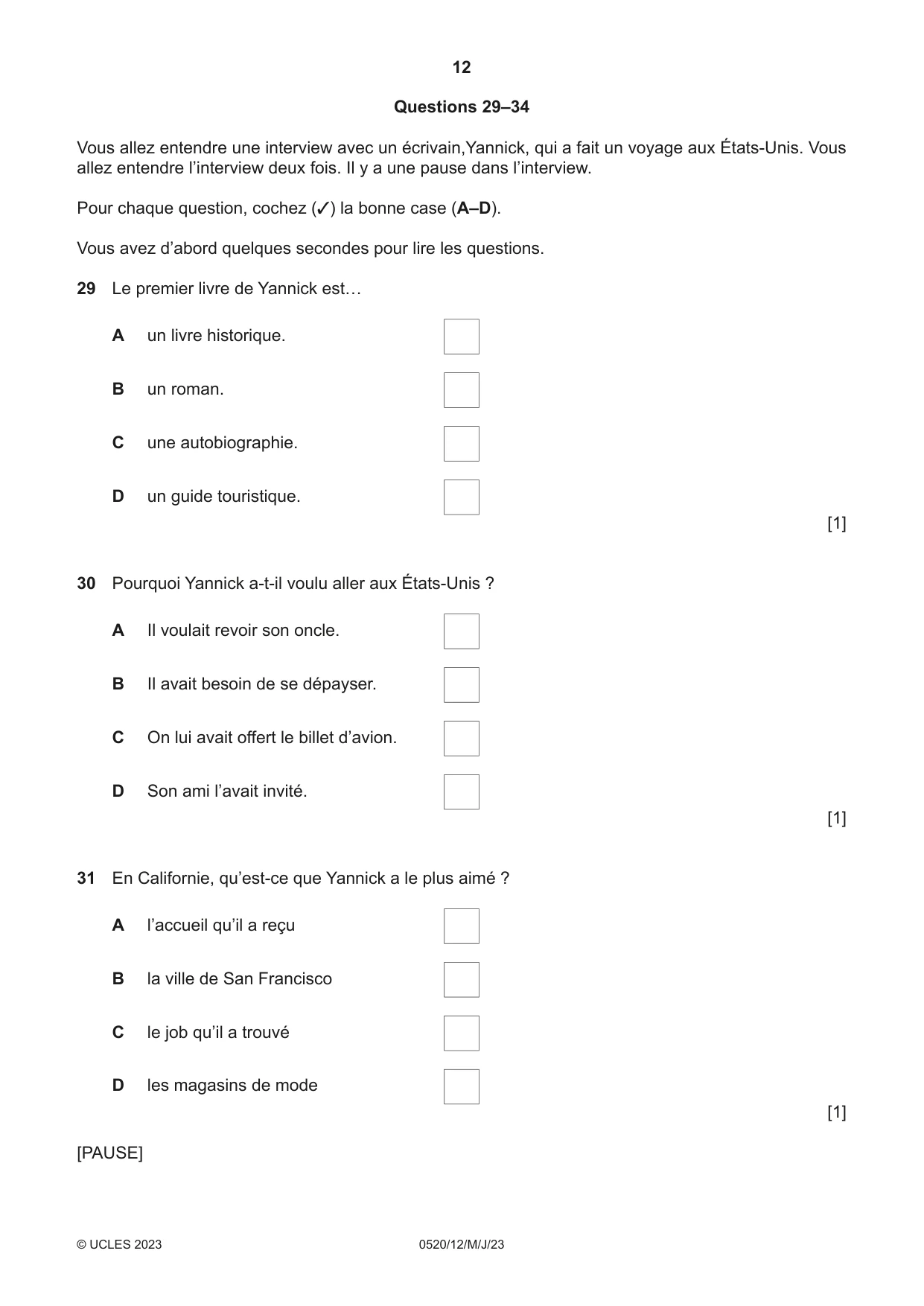 Cambridge IGCSE French - Foreign Language 0520 2023 May/June Paper 1 · Variant 2 question paper, page 12 of 16