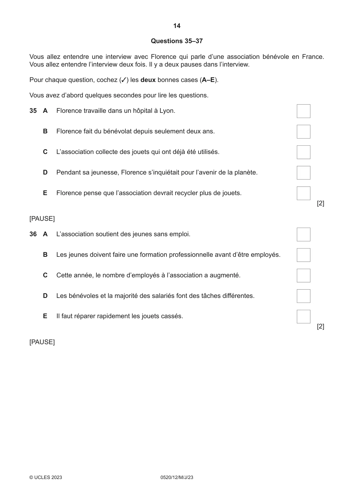 Cambridge IGCSE French - Foreign Language 0520 2023 May/June Paper 1 · Variant 2 question paper, page 14 of 16