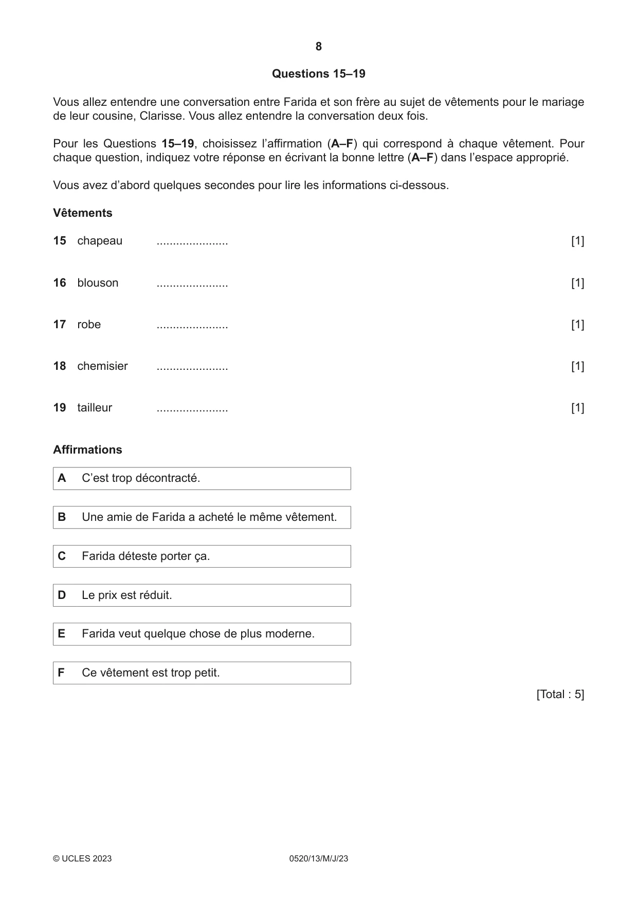 Cambridge IGCSE French - Foreign Language 0520 2023 May/June Paper 1 · Variant 3 question paper, page 8 of 16