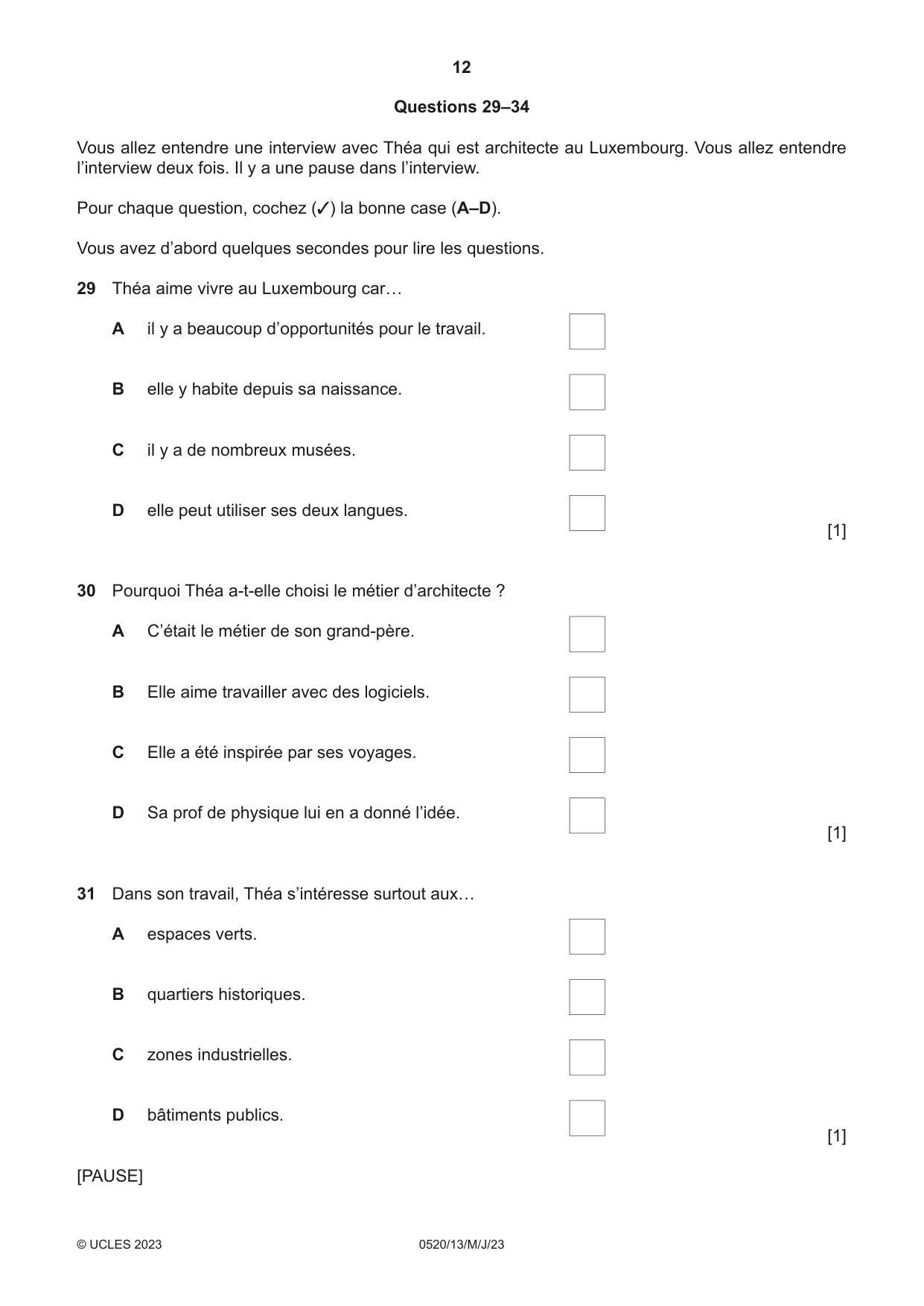 Cambridge IGCSE French - Foreign Language 0520 2023 May/June Paper 1 · Variant 3 question paper, page 12 of 16