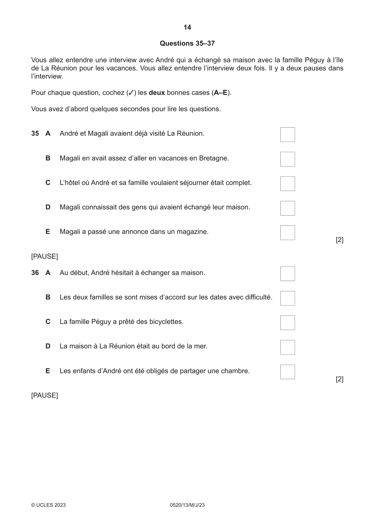 Cambridge IGCSE French - Foreign Language 0520 2023 May/June Paper 1 · Variant 3 question paper, page 14 of 16