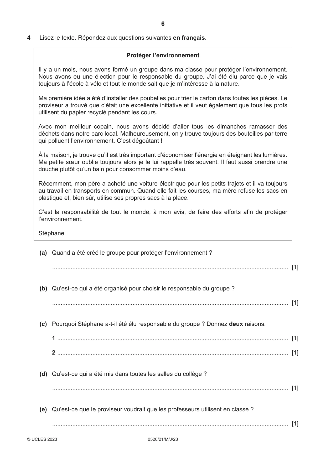 Cambridge IGCSE French - Foreign Language 0520 2023 May/June Paper 2 · Variant 1 question paper, page 6 of 12