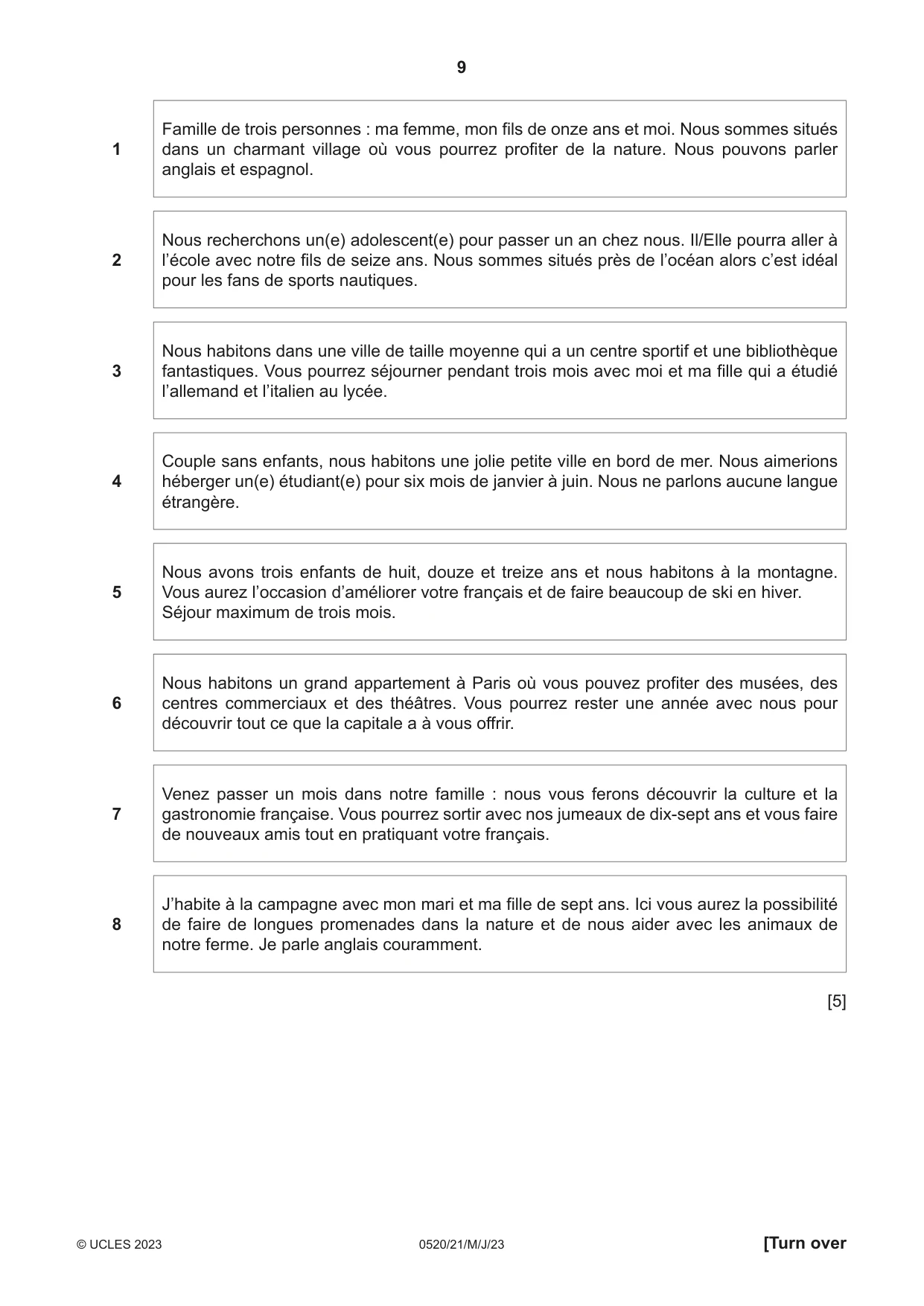 Cambridge IGCSE French - Foreign Language 0520 2023 May/June Paper 2 · Variant 1 question paper, page 9 of 12
