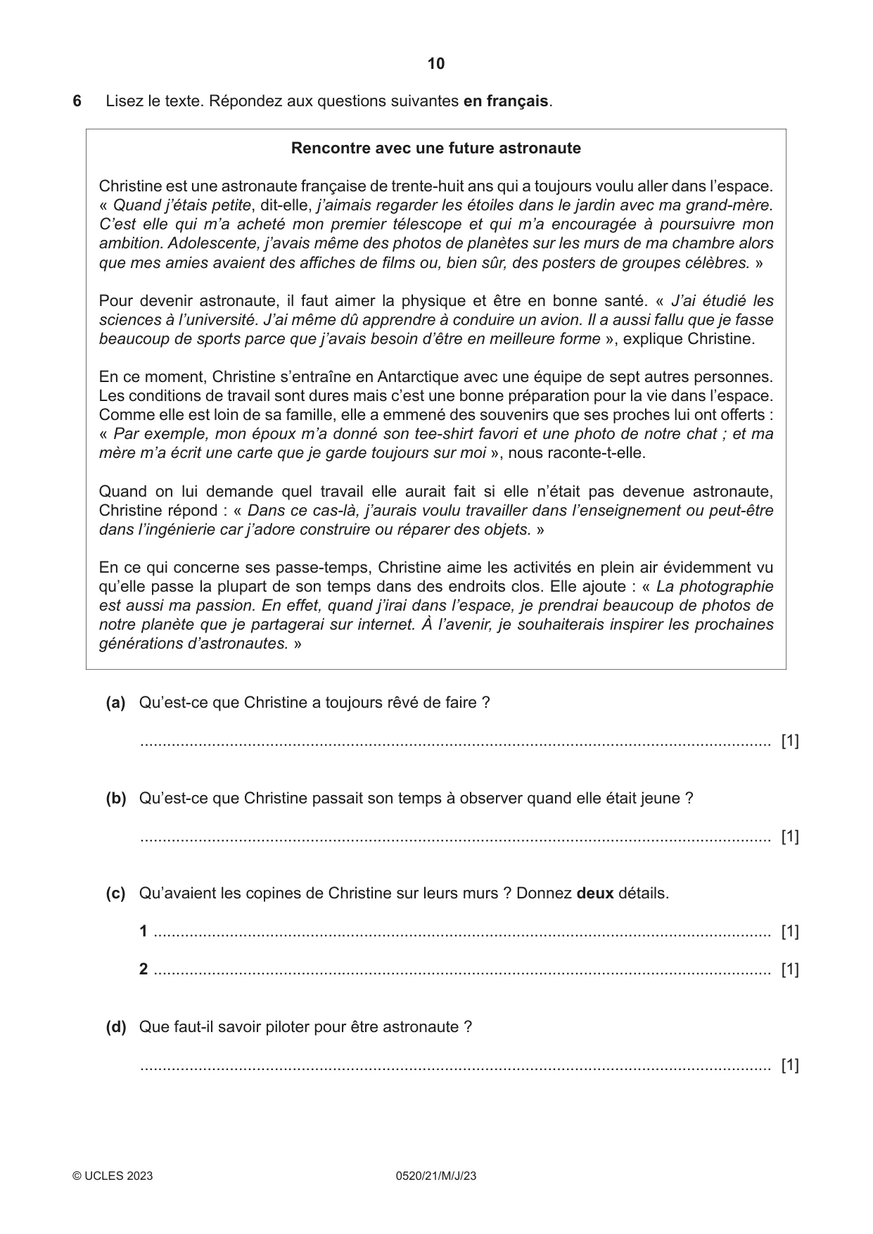 Cambridge IGCSE French - Foreign Language 0520 2023 May/June Paper 2 · Variant 1 question paper, page 10 of 12