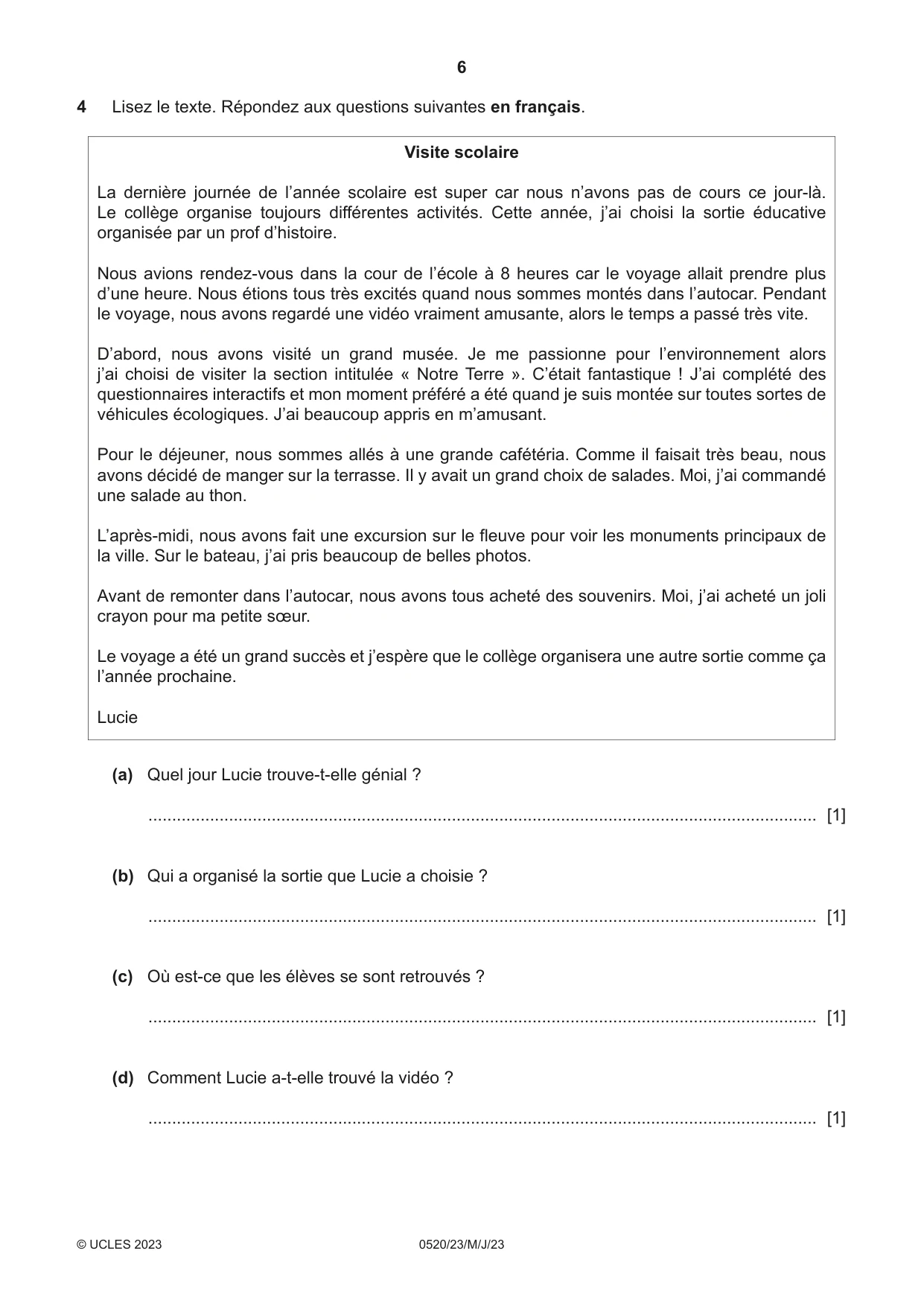 Cambridge IGCSE French - Foreign Language 0520 2023 May/June Paper 2 · Variant 3 question paper, page 6 of 12