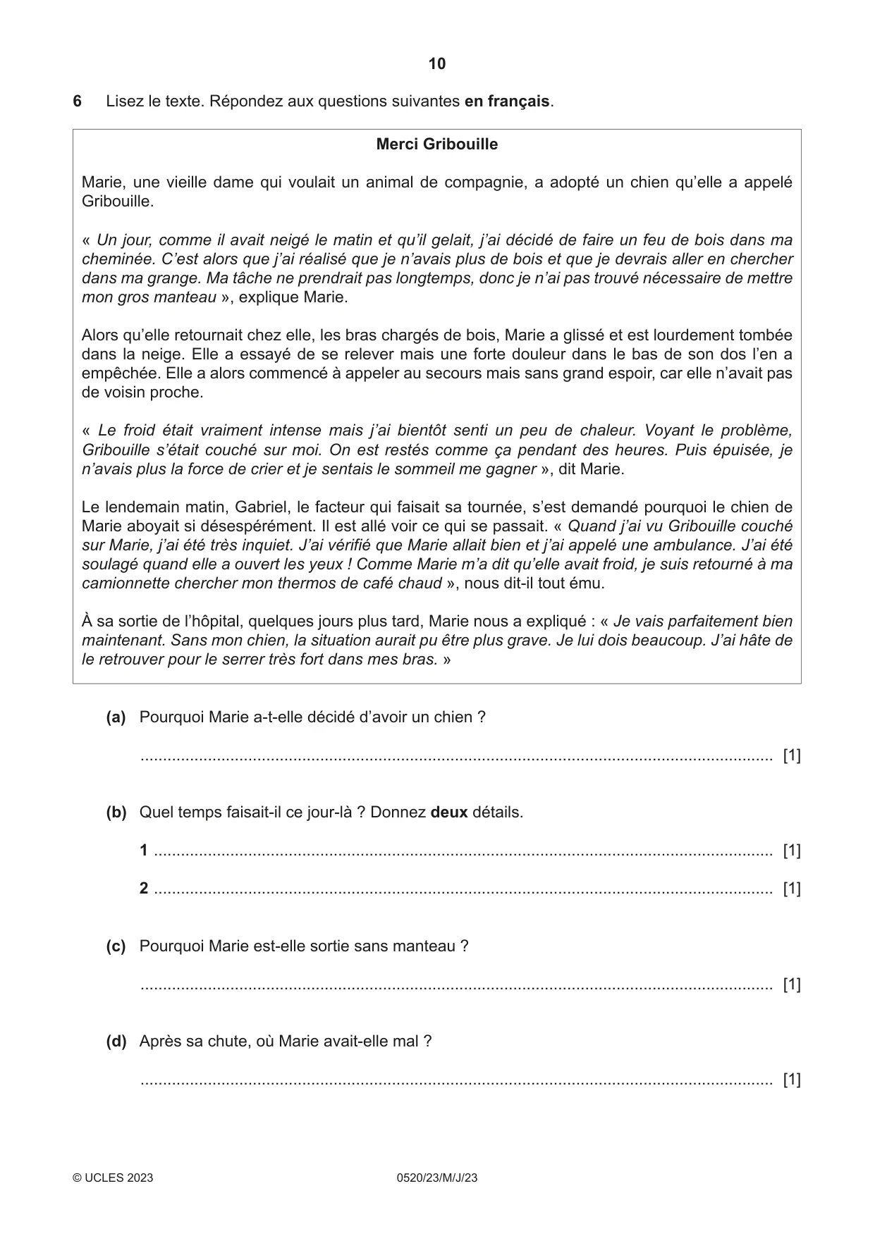 Cambridge IGCSE French - Foreign Language 0520 2023 May/June Paper 2 · Variant 3 question paper, page 10 of 12