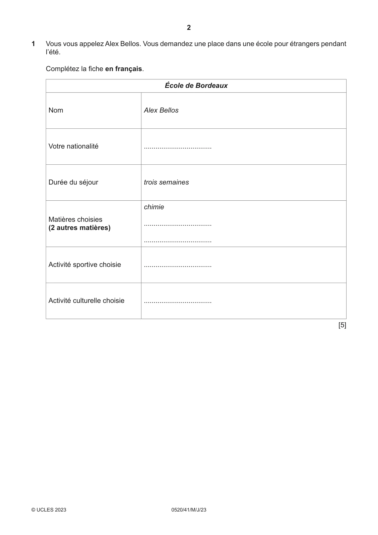 Cambridge IGCSE French - Foreign Language 0520 2023 May/June Paper 4 · Variant 1 question paper, page 2 of 8