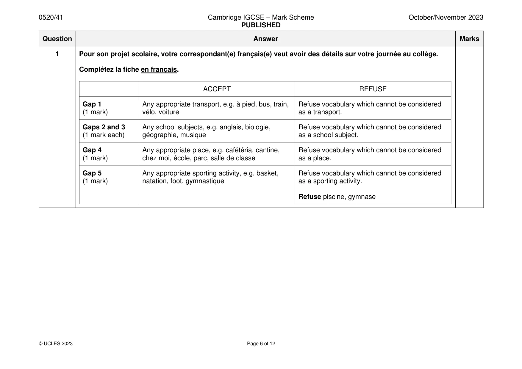 Mark scheme, page 6 of 12
