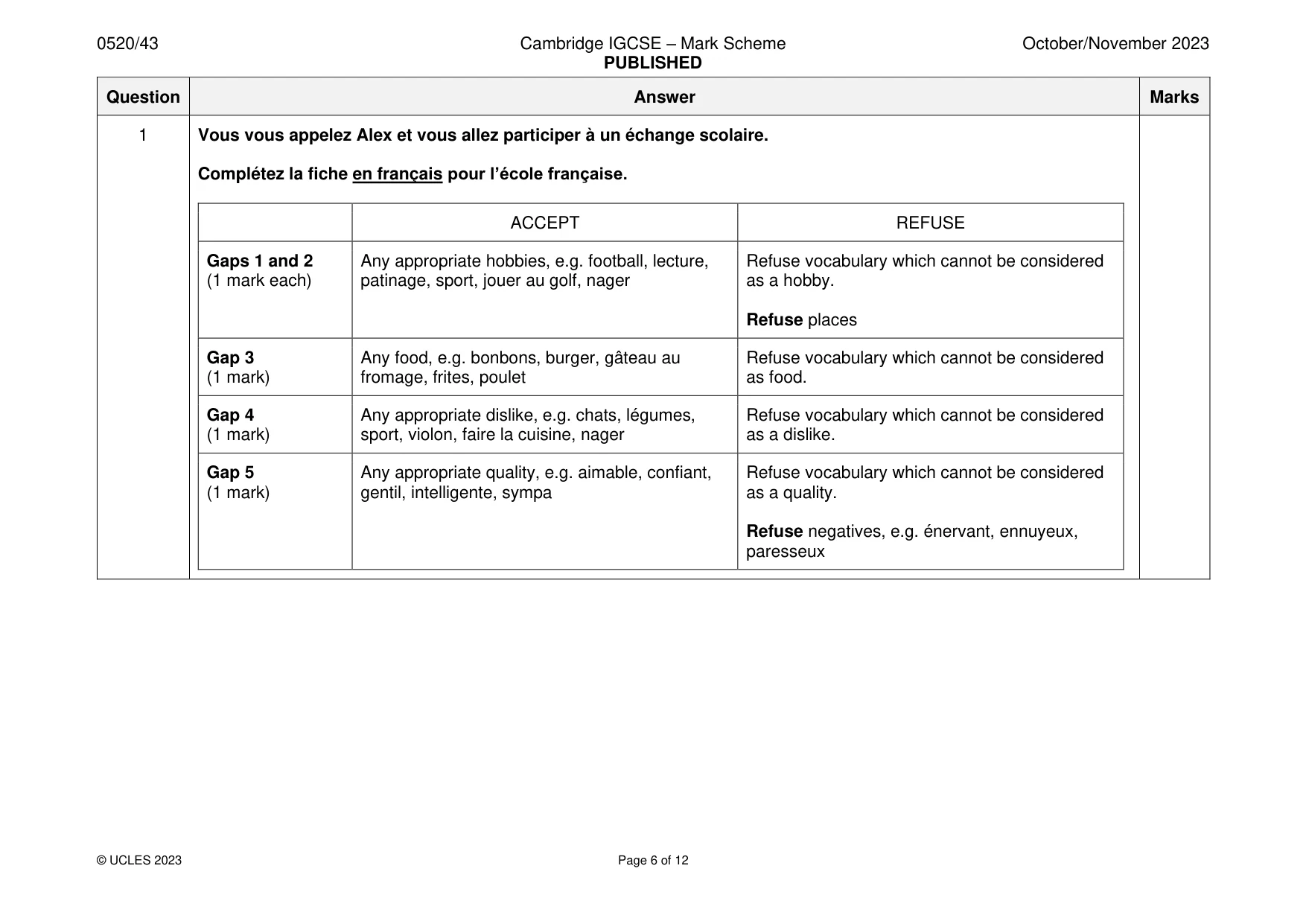 Mark scheme, page 6 of 12