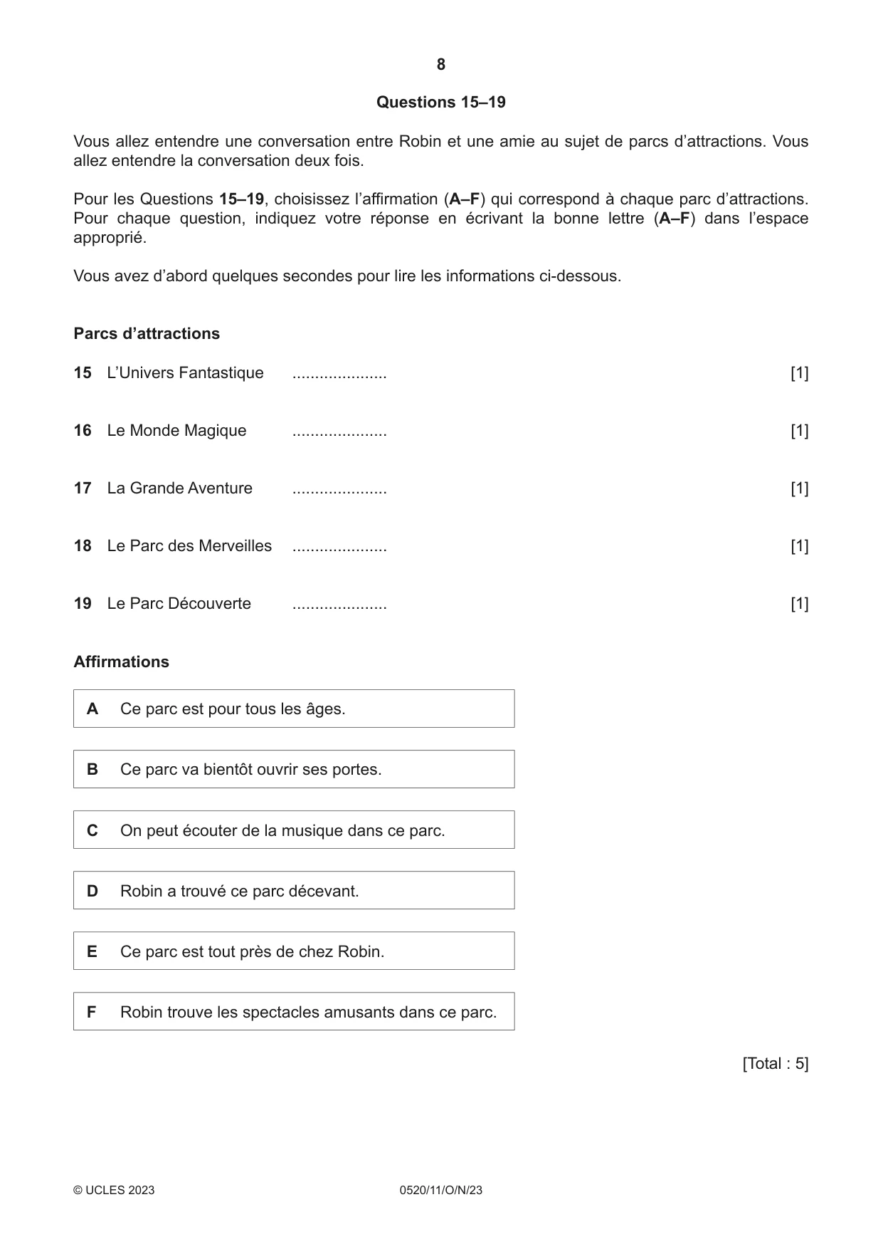 Cambridge IGCSE French - Foreign Language 0520 2023 Oct/Nov Paper 1 · Variant 1 question paper, page 8 of 16