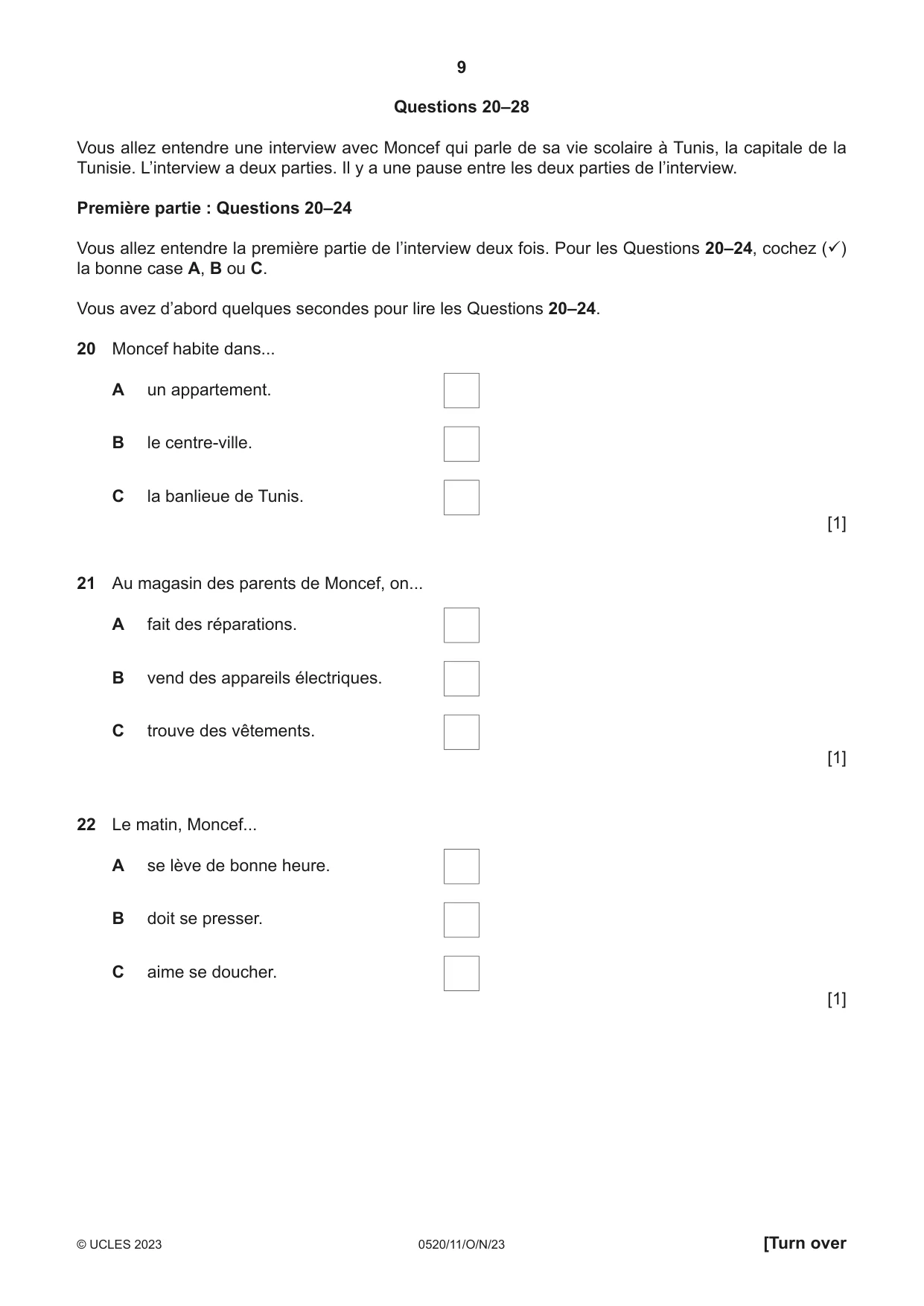 Cambridge IGCSE French - Foreign Language 0520 2023 Oct/Nov Paper 1 · Variant 1 question paper, page 9 of 16