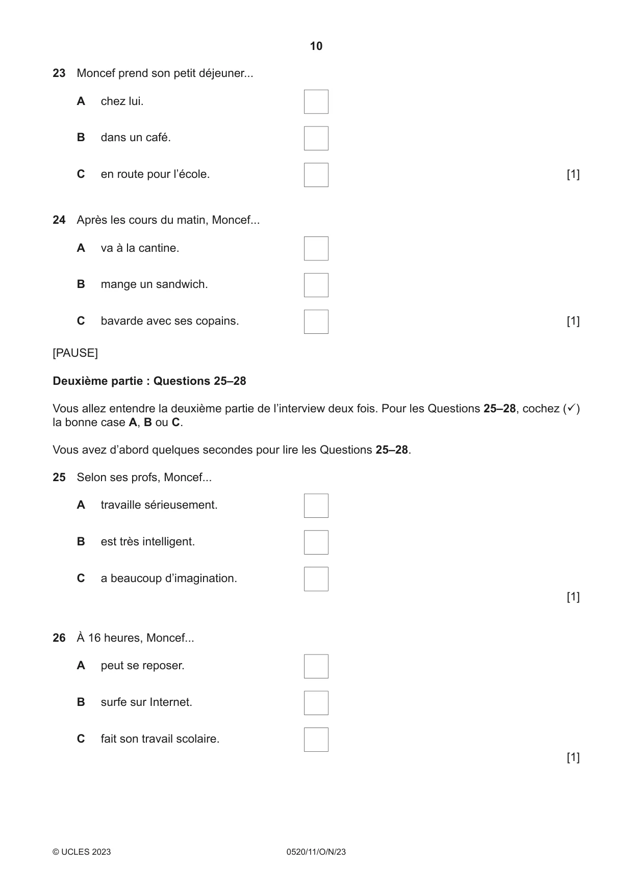Cambridge IGCSE French - Foreign Language 0520 2023 Oct/Nov Paper 1 · Variant 1 question paper, page 10 of 16