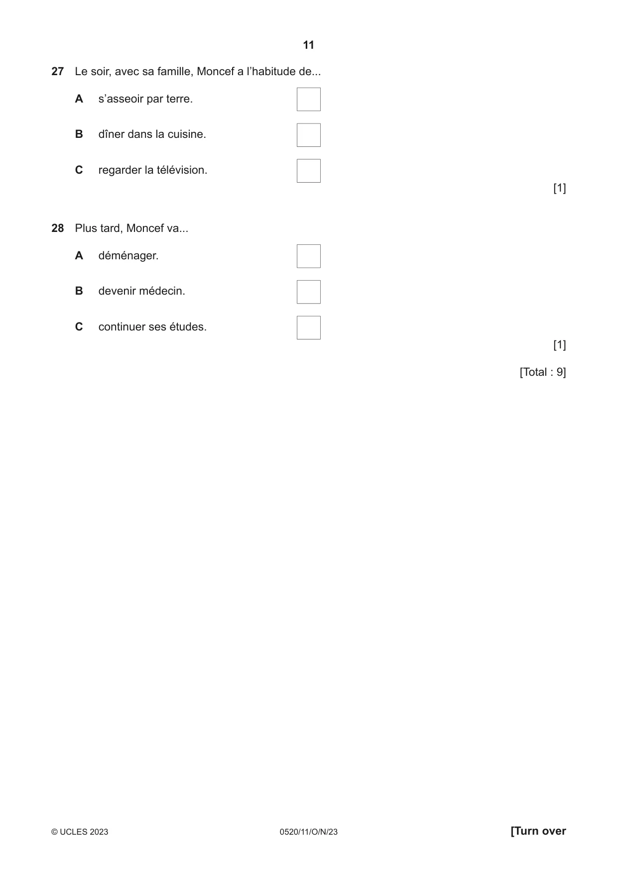 Cambridge IGCSE French - Foreign Language 0520 2023 Oct/Nov Paper 1 · Variant 1 question paper, page 11 of 16