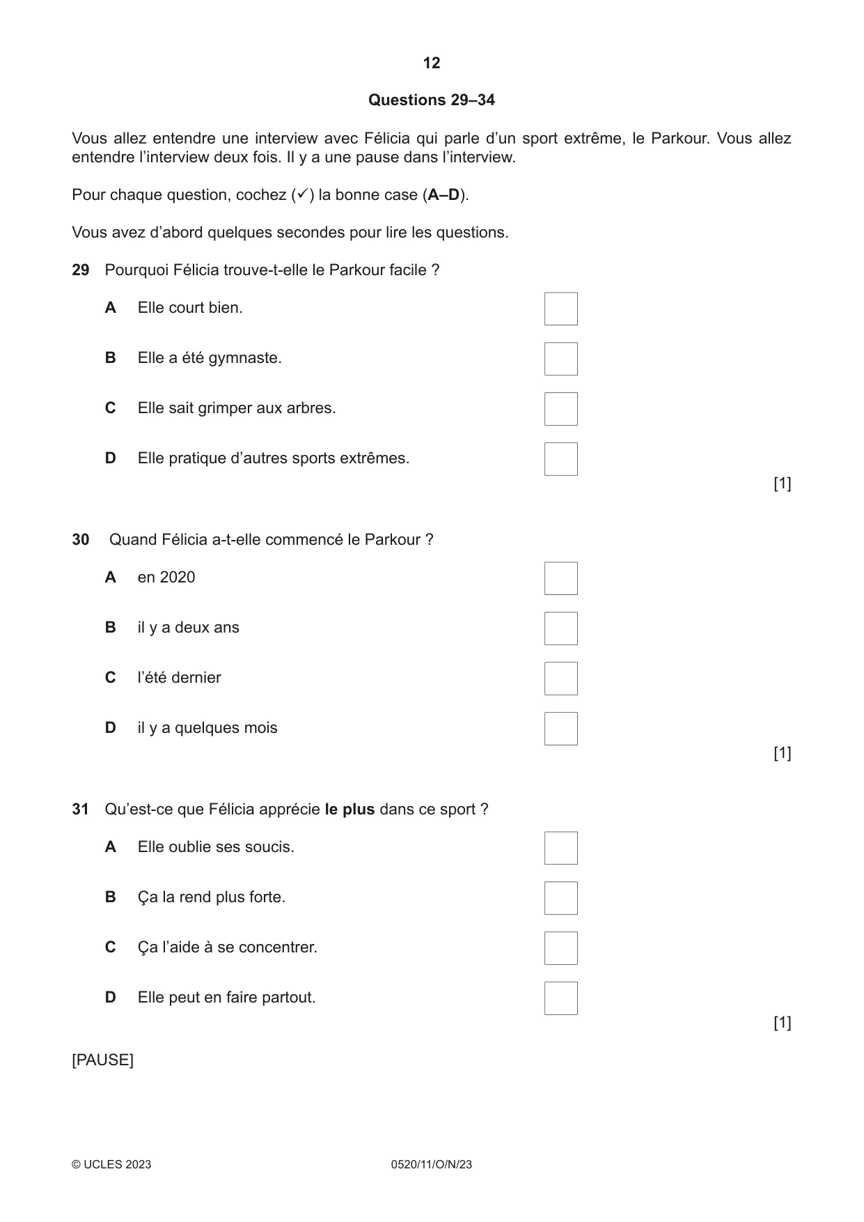 Cambridge IGCSE French - Foreign Language 0520 2023 Oct/Nov Paper 1 · Variant 1 question paper, page 12 of 16