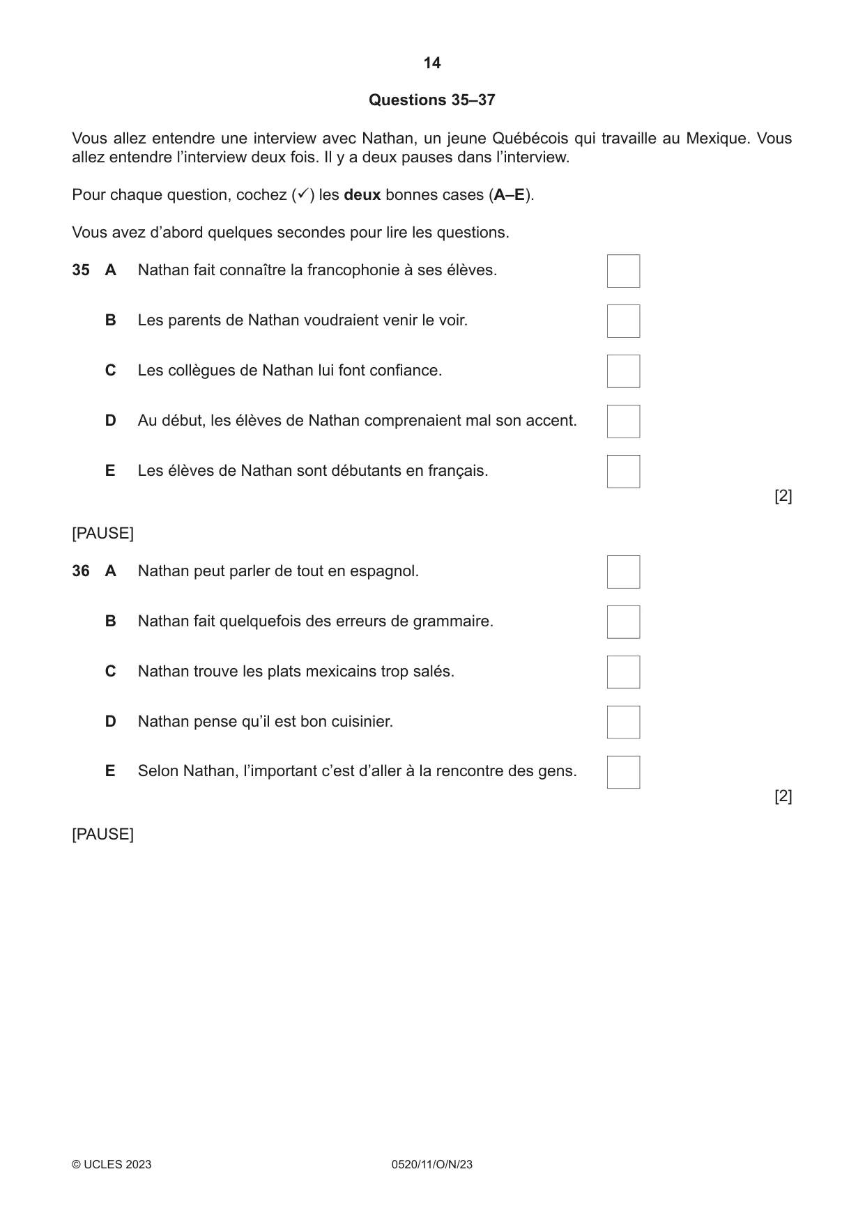 Cambridge IGCSE French - Foreign Language 0520 2023 Oct/Nov Paper 1 · Variant 1 question paper, page 14 of 16