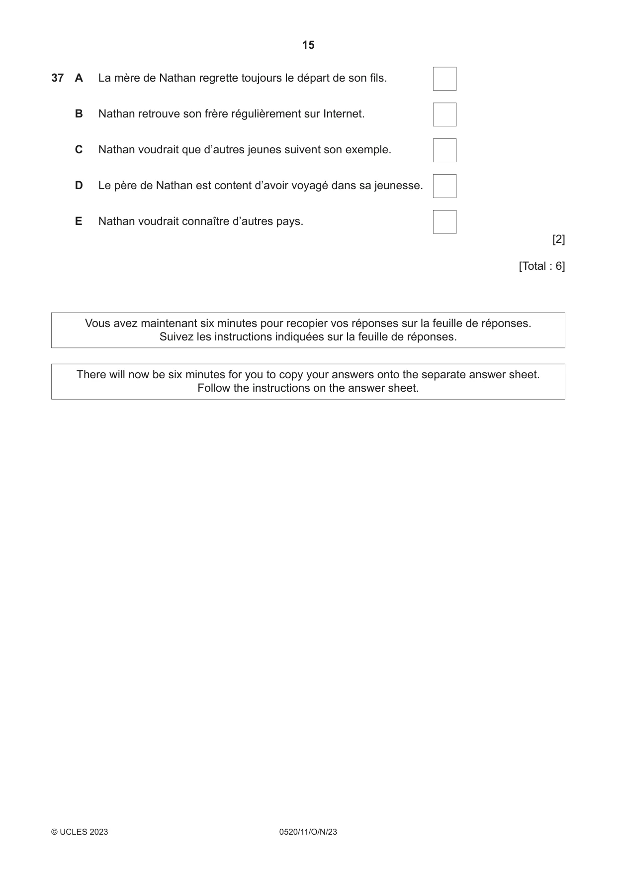 Cambridge IGCSE French - Foreign Language 0520 2023 Oct/Nov Paper 1 · Variant 1 question paper, page 15 of 16