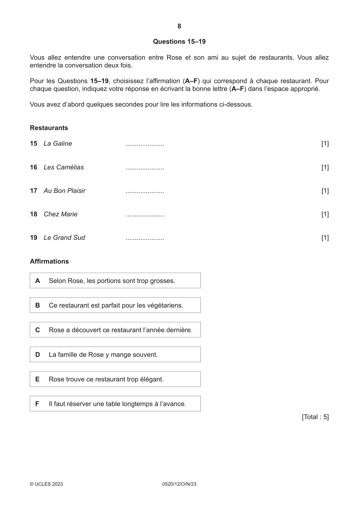 Cambridge IGCSE French - Foreign Language 0520 2023 Oct/Nov Paper 1 · Variant 2 question paper, page 8 of 16
