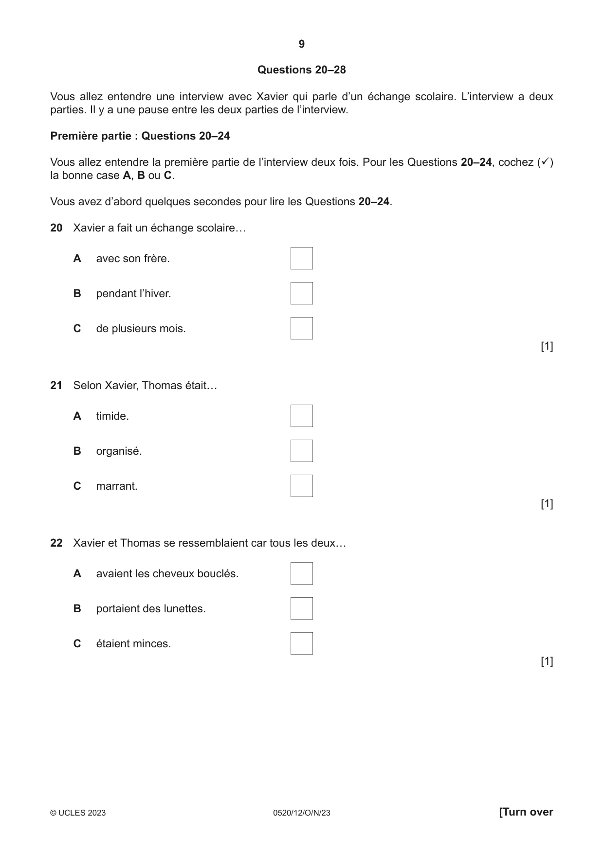 Cambridge IGCSE French - Foreign Language 0520 2023 Oct/Nov Paper 1 · Variant 2 question paper, page 9 of 16