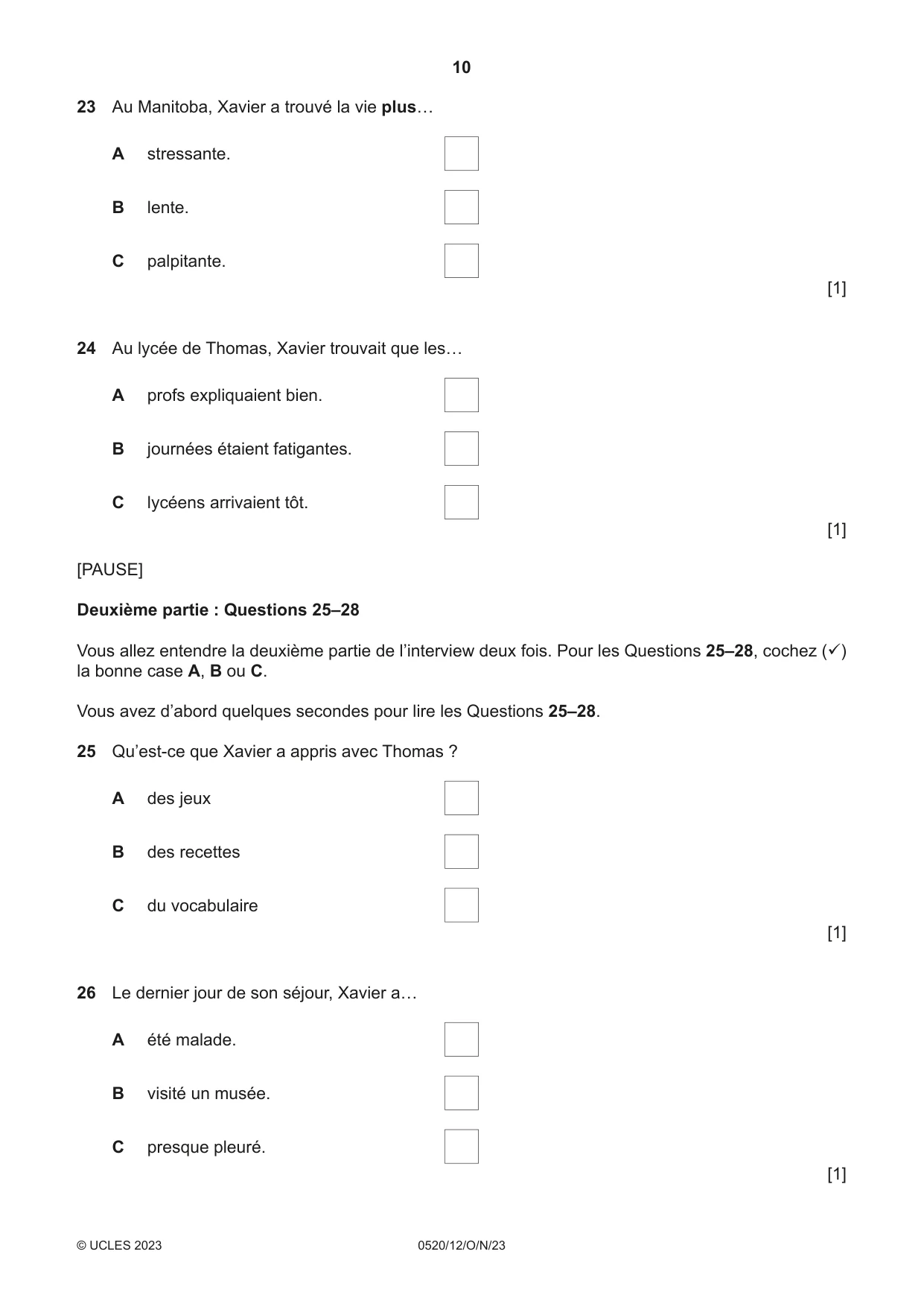 Cambridge IGCSE French - Foreign Language 0520 2023 Oct/Nov Paper 1 · Variant 2 question paper, page 10 of 16