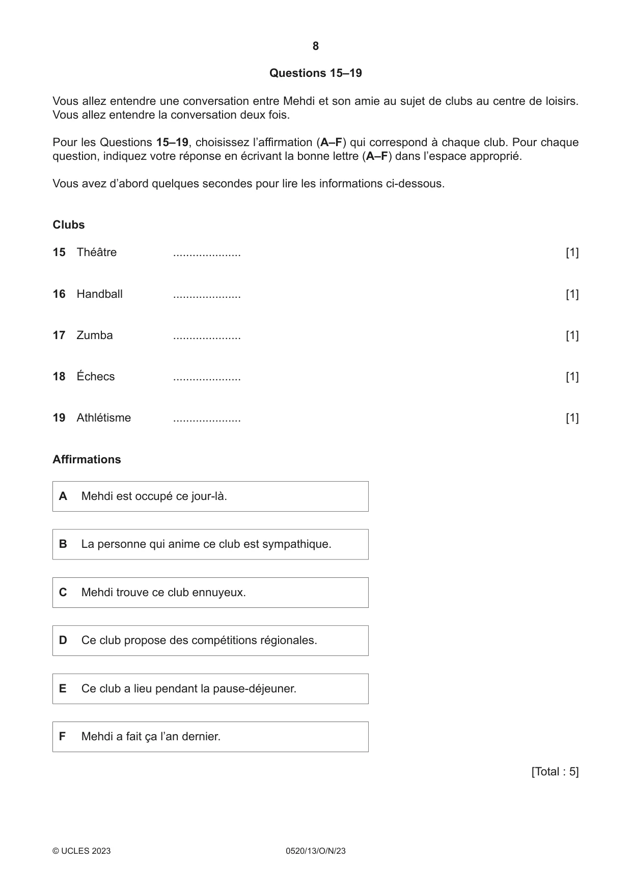 Cambridge IGCSE French - Foreign Language 0520 2023 Oct/Nov Paper 1 · Variant 3 question paper, page 8 of 16