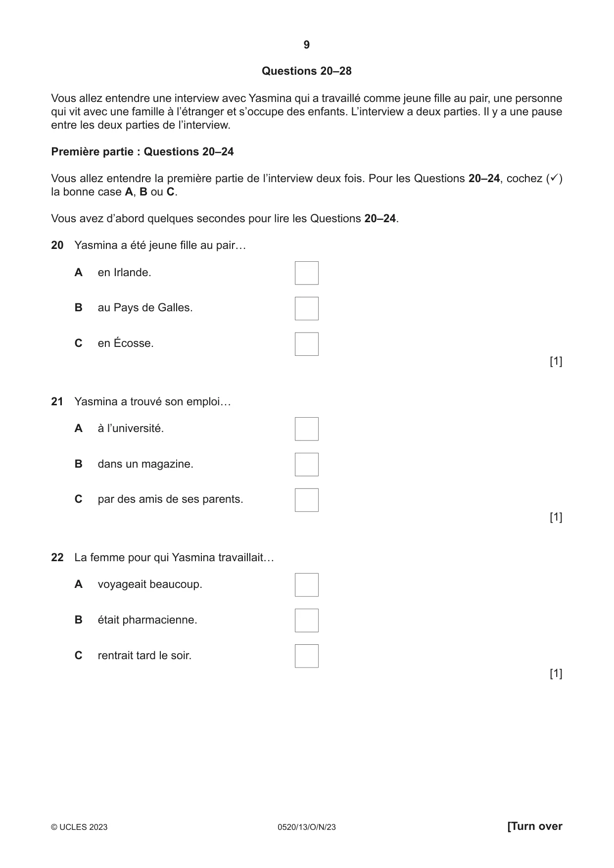 Cambridge IGCSE French - Foreign Language 0520 2023 Oct/Nov Paper 1 · Variant 3 question paper, page 9 of 16