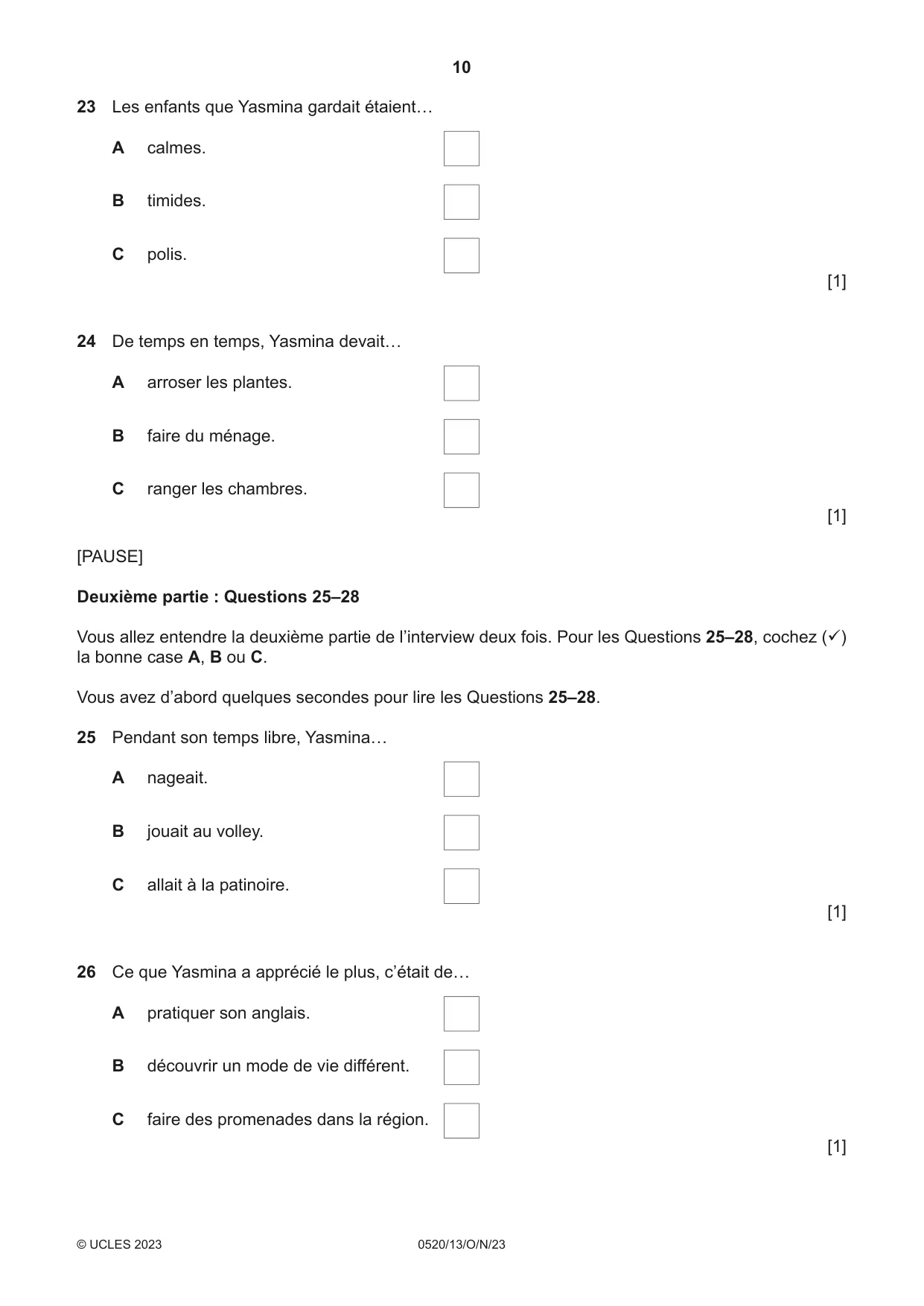 Cambridge IGCSE French - Foreign Language 0520 2023 Oct/Nov Paper 1 · Variant 3 question paper, page 10 of 16