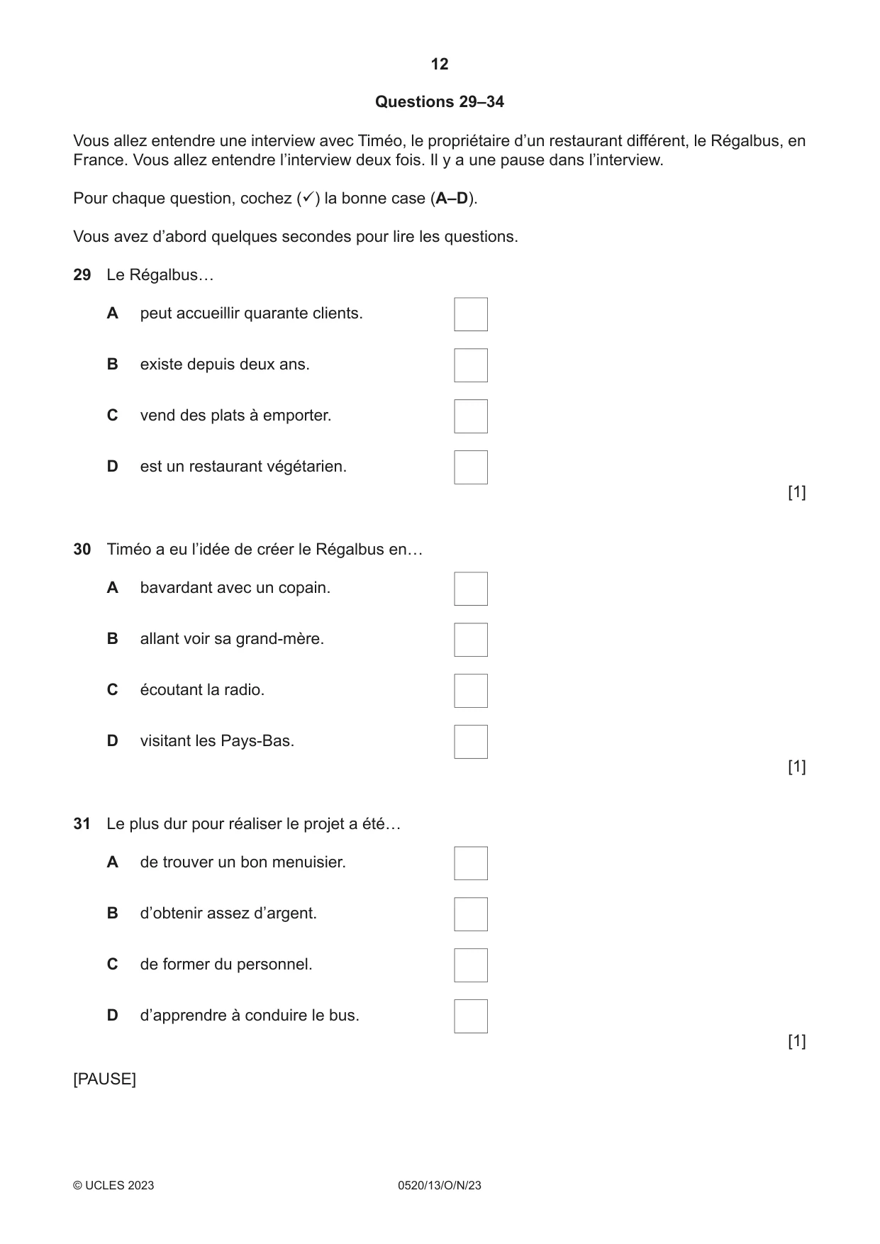 Cambridge IGCSE French - Foreign Language 0520 2023 Oct/Nov Paper 1 · Variant 3 question paper, page 12 of 16