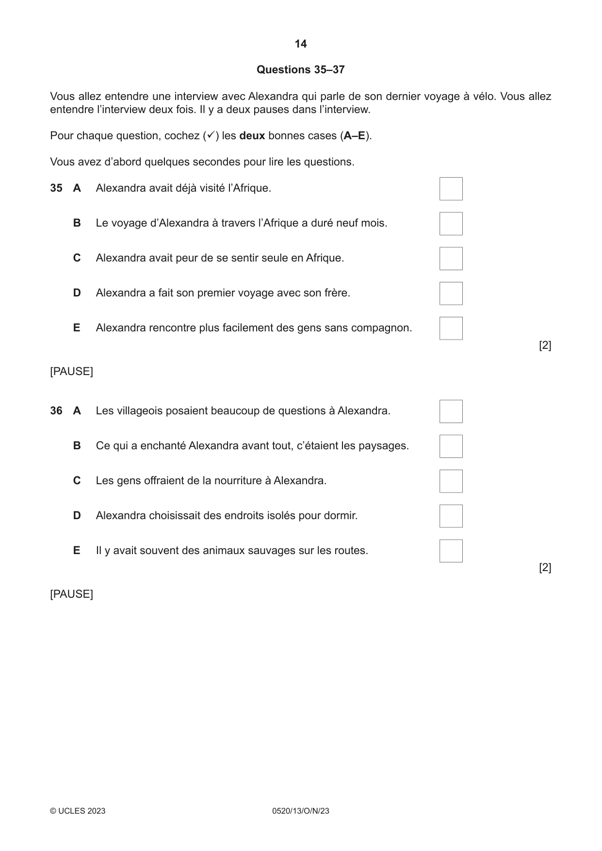 Cambridge IGCSE French - Foreign Language 0520 2023 Oct/Nov Paper 1 · Variant 3 question paper, page 14 of 16