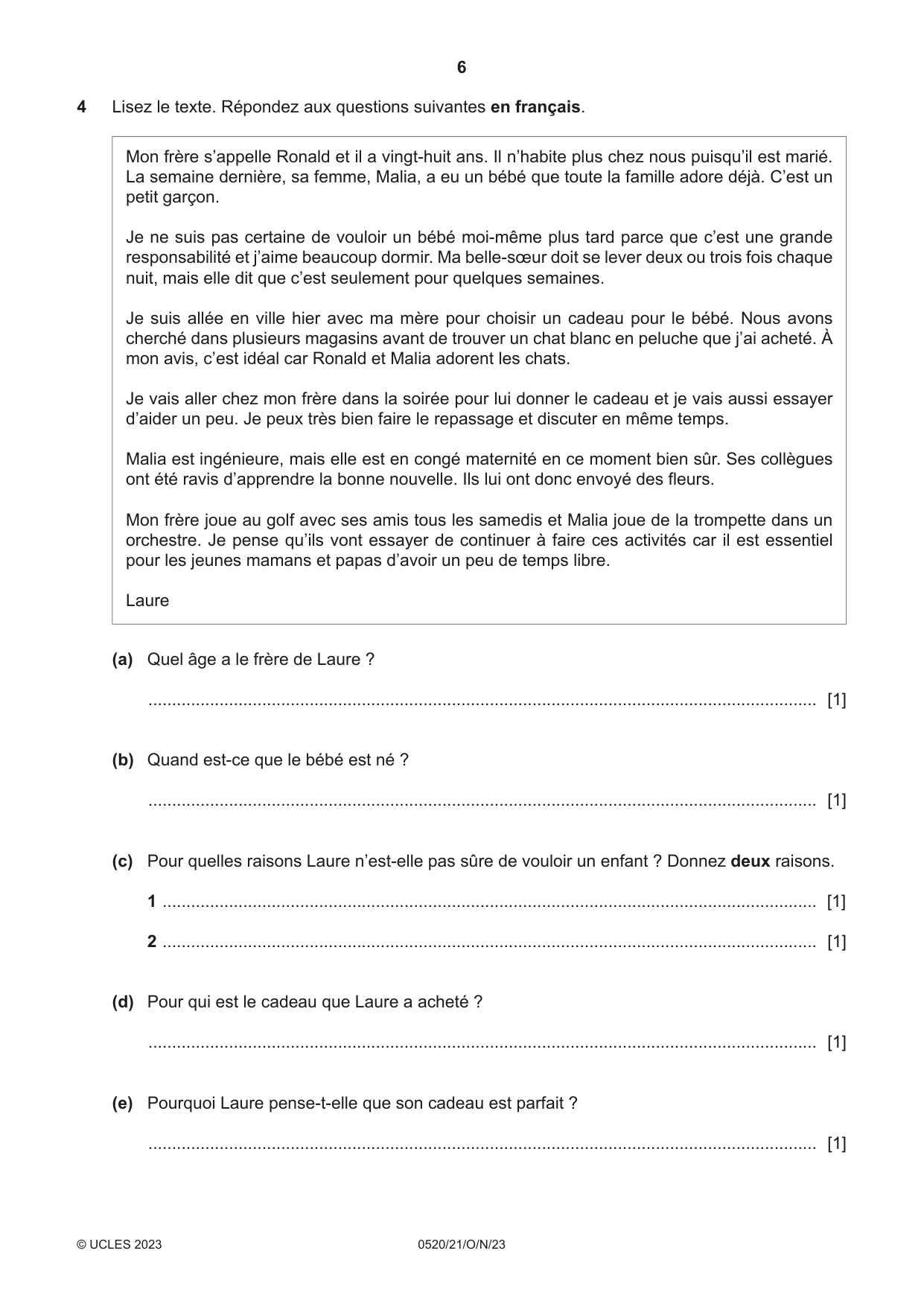 Cambridge IGCSE French - Foreign Language 0520 2023 Oct/Nov Paper 2 · Variant 1 question paper, page 6 of 12