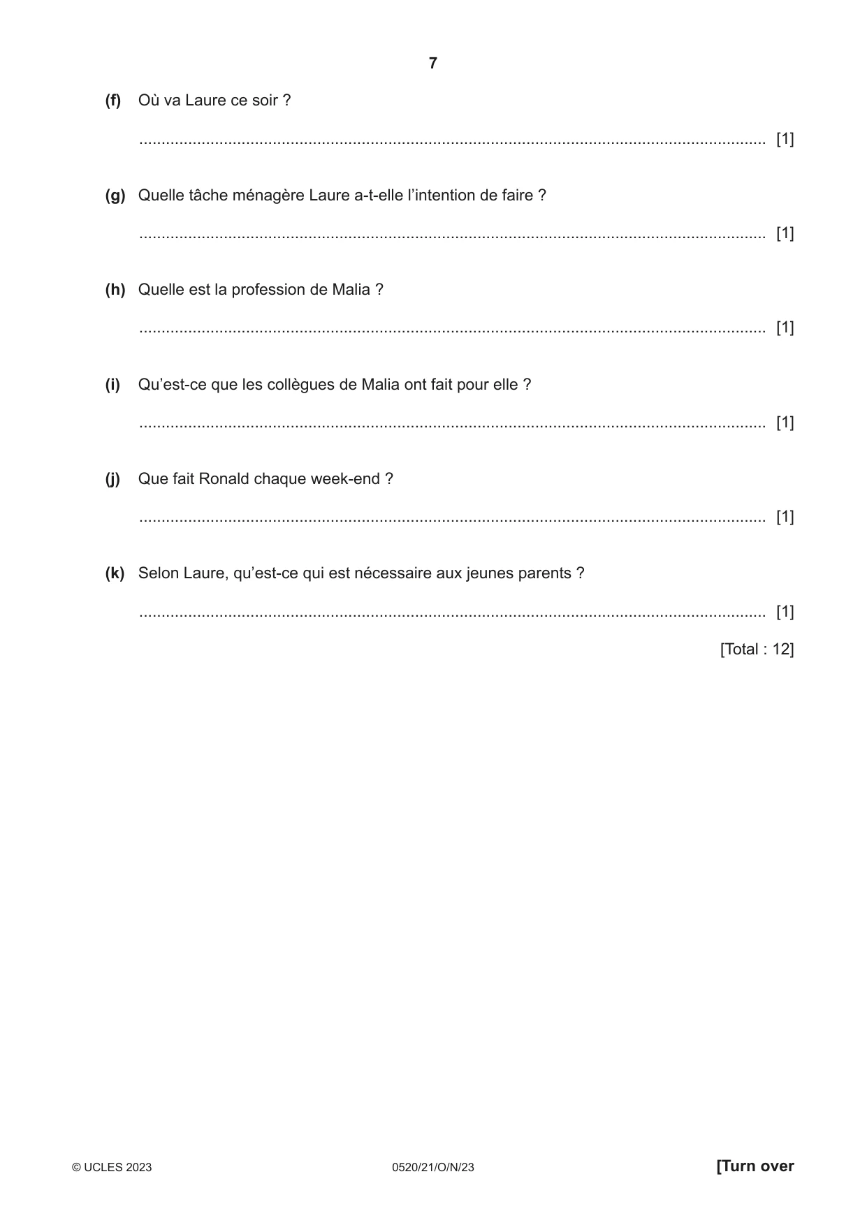 Cambridge IGCSE French - Foreign Language 0520 2023 Oct/Nov Paper 2 · Variant 1 question paper, page 7 of 12