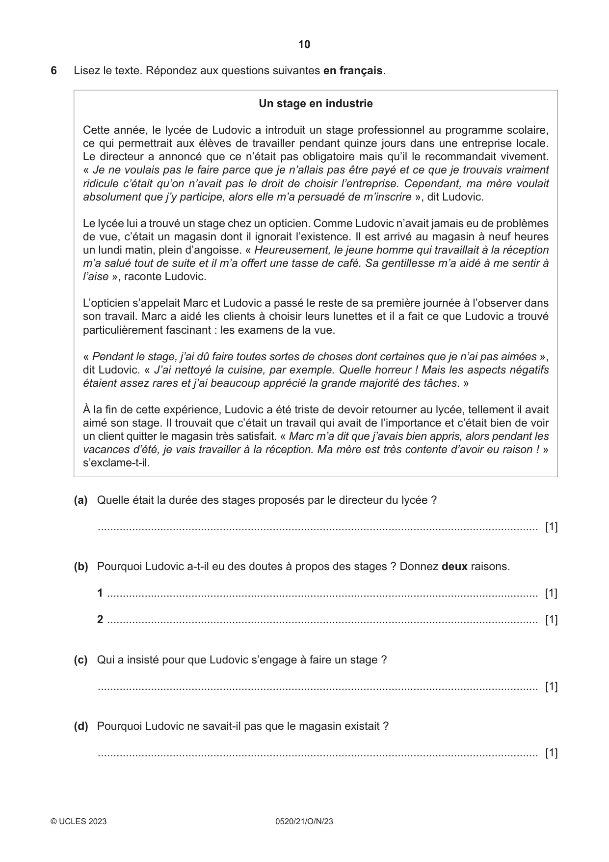Cambridge IGCSE French - Foreign Language 0520 2023 Oct/Nov Paper 2 · Variant 1 question paper, page 10 of 12