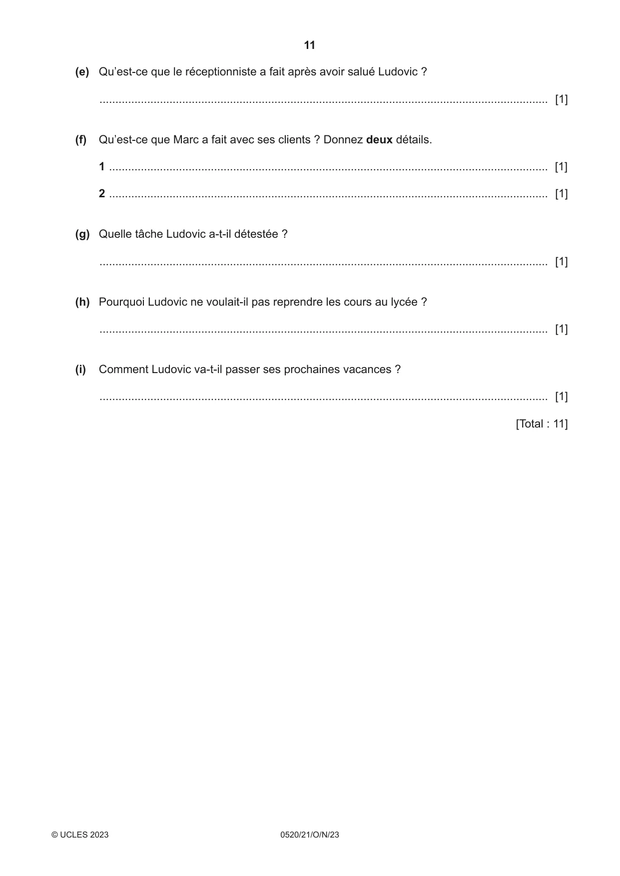 Cambridge IGCSE French - Foreign Language 0520 2023 Oct/Nov Paper 2 · Variant 1 question paper, page 11 of 12