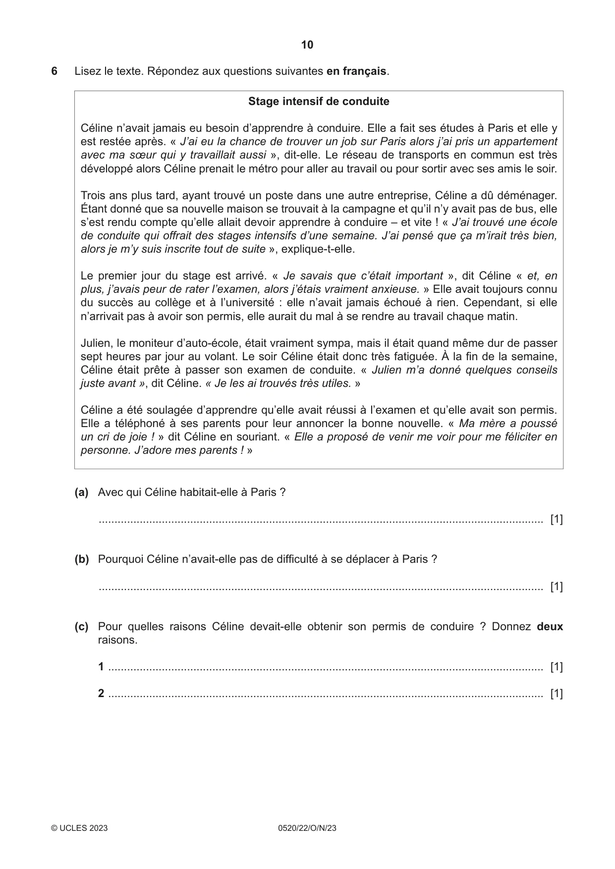 Cambridge IGCSE French - Foreign Language 0520 2023 Oct/Nov Paper 2 · Variant 2 question paper, page 10 of 12