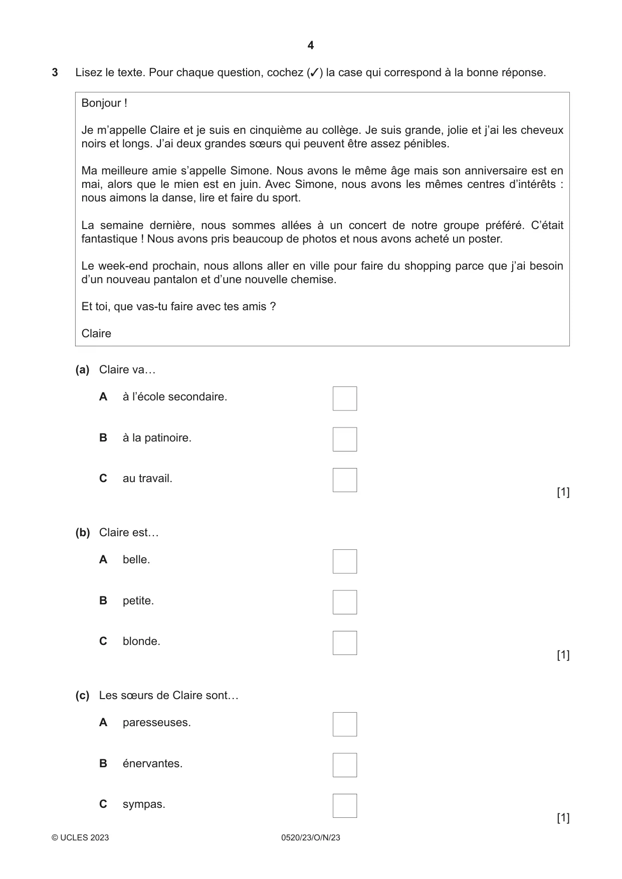 Cambridge IGCSE French - Foreign Language 0520 2023 Oct/Nov Paper 2 · Variant 3 question paper, page 4 of 12